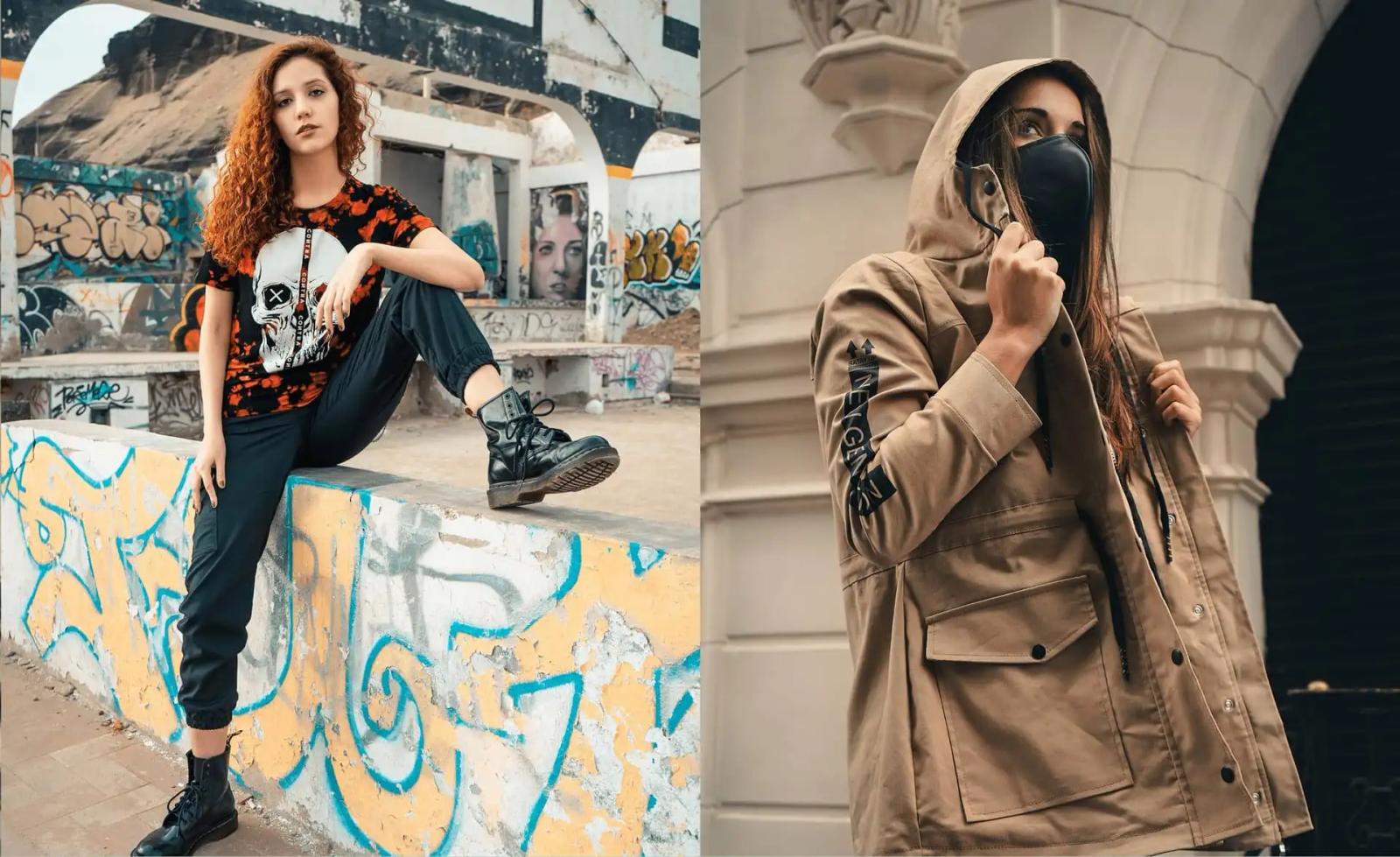 Dos modelos posando en entorno urbano con ropa casual