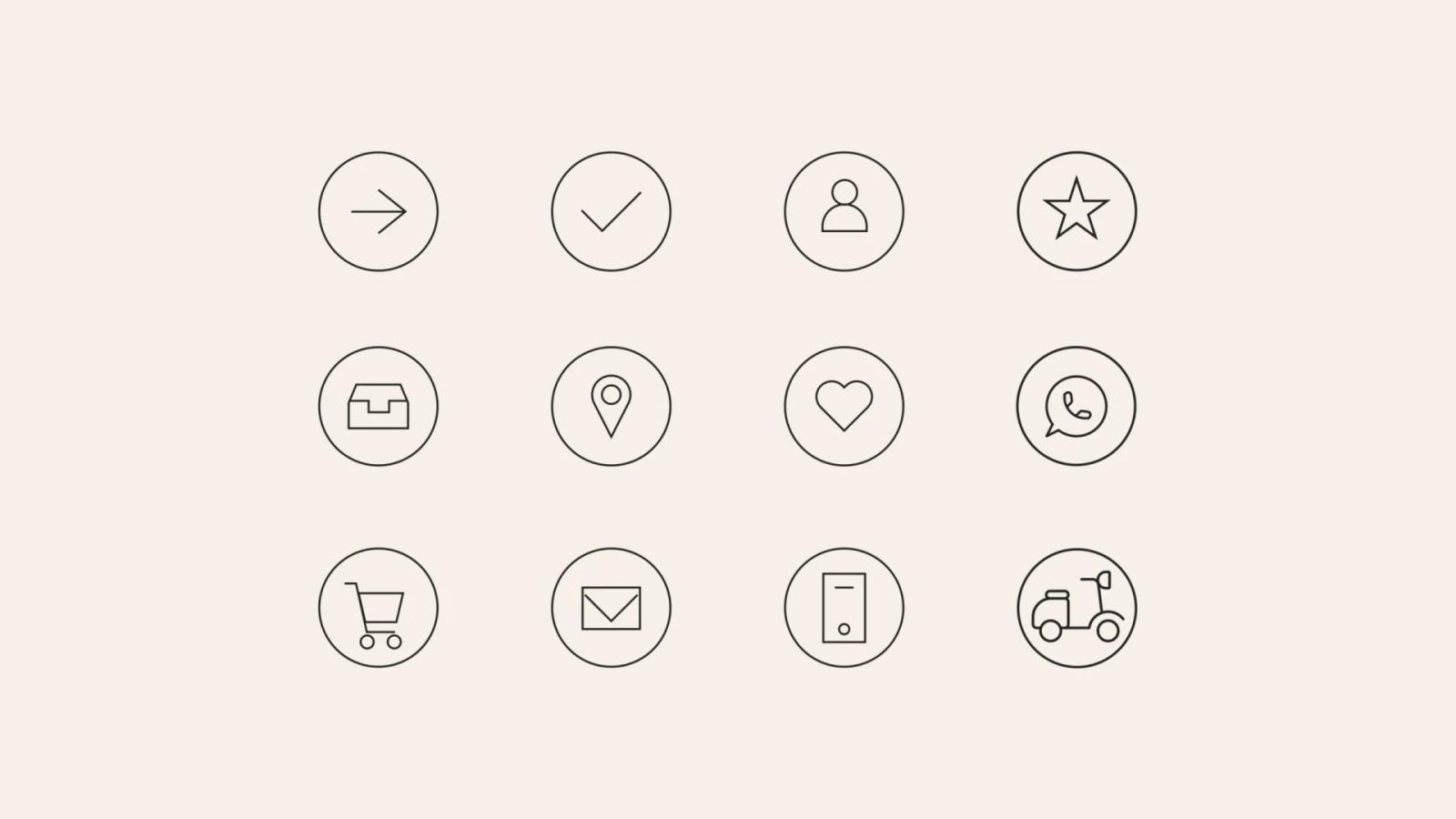 Colección de 12 iconos lineales circulares en negro sobre fondo beige representando elementos de interfaz como usuario ubicación mensajería compras correo y transporte para diseño web minimalista