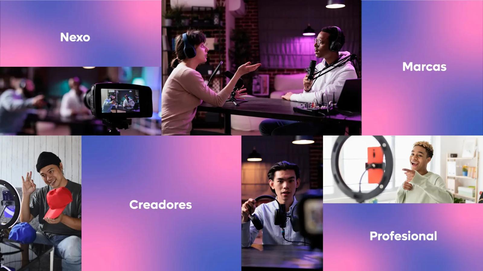 Collage estilo moodboard con fondo degradado en tonos morado y rosa, presentando los textos intercalados con imágenes de podcasters grabando en estudio, un hombre mostrando productos frente a una cámara y jóvenes