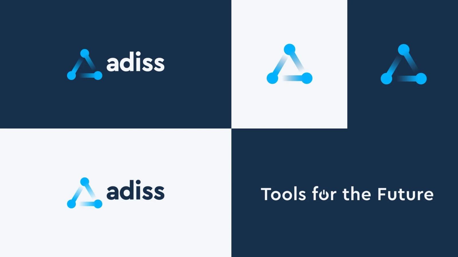 Presentación de identidad visual de Adiss mostrando el logotipo en versiones horizontal y vertical, sobre fondo blanco y azul oscuro, con el eslogan Tools for the Future