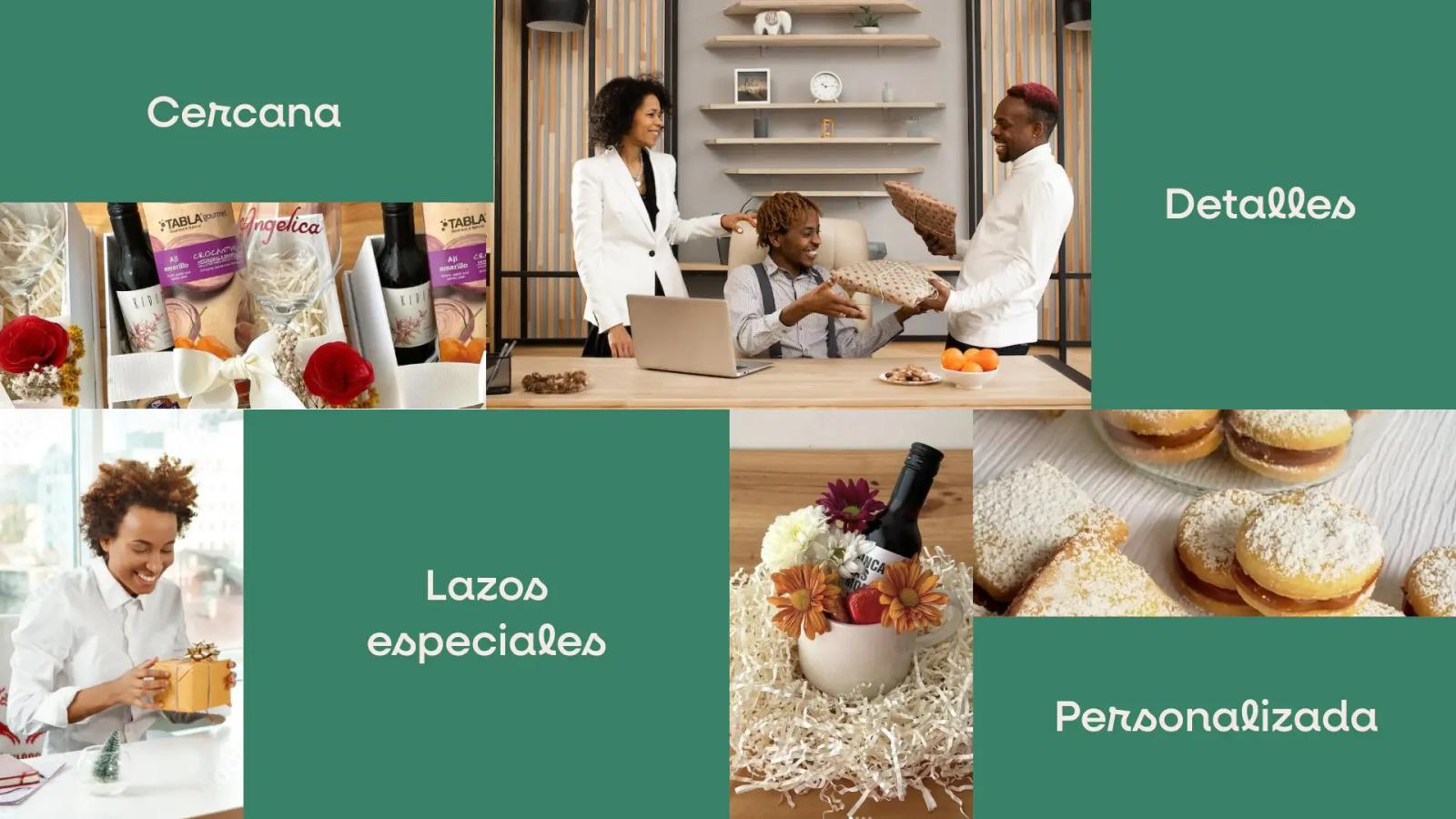 Collage estilo moodboard con fondo verde y textos 'Cercana', 'Detalles', 'Lazos especiales', 'Personalizada', intercalados con fotos de colegas intercambiando regalos en una oficina, una mujer abriendo un obsequio, cajas gourmet con vino y flores
