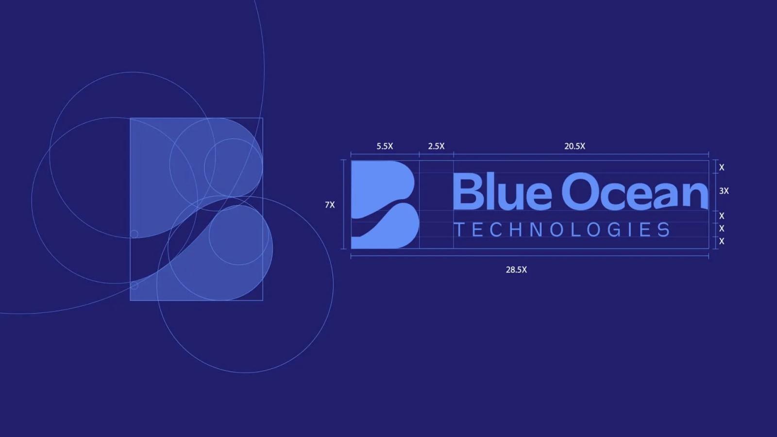 Plano técnico de construcción de marca para Blue Ocean Technologies mostrando la geometría del isotipo B con círculos y las proporciones métricas del logotipo sobre un fondo azul oscuro
