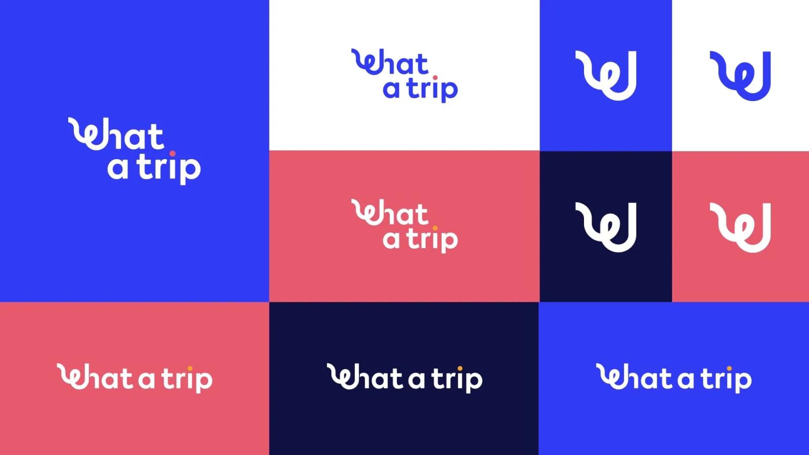 Muestra de variaciones de marca de What a Trip con el logotipo e isotipo de la W estilizada aplicados sobre fondos de colores corporativos azul, rosa, blanco y negro