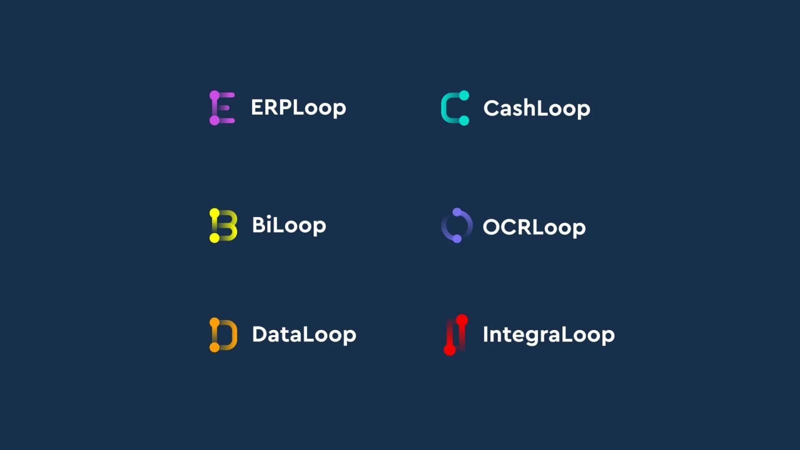Colección de logotipos de la suite Loop: ERPLoop, CashLoop, BiLoop, OCRLoop, DataLoop e IntegralLoop con sus respectivos iconos de colores sobre fondo oscuro