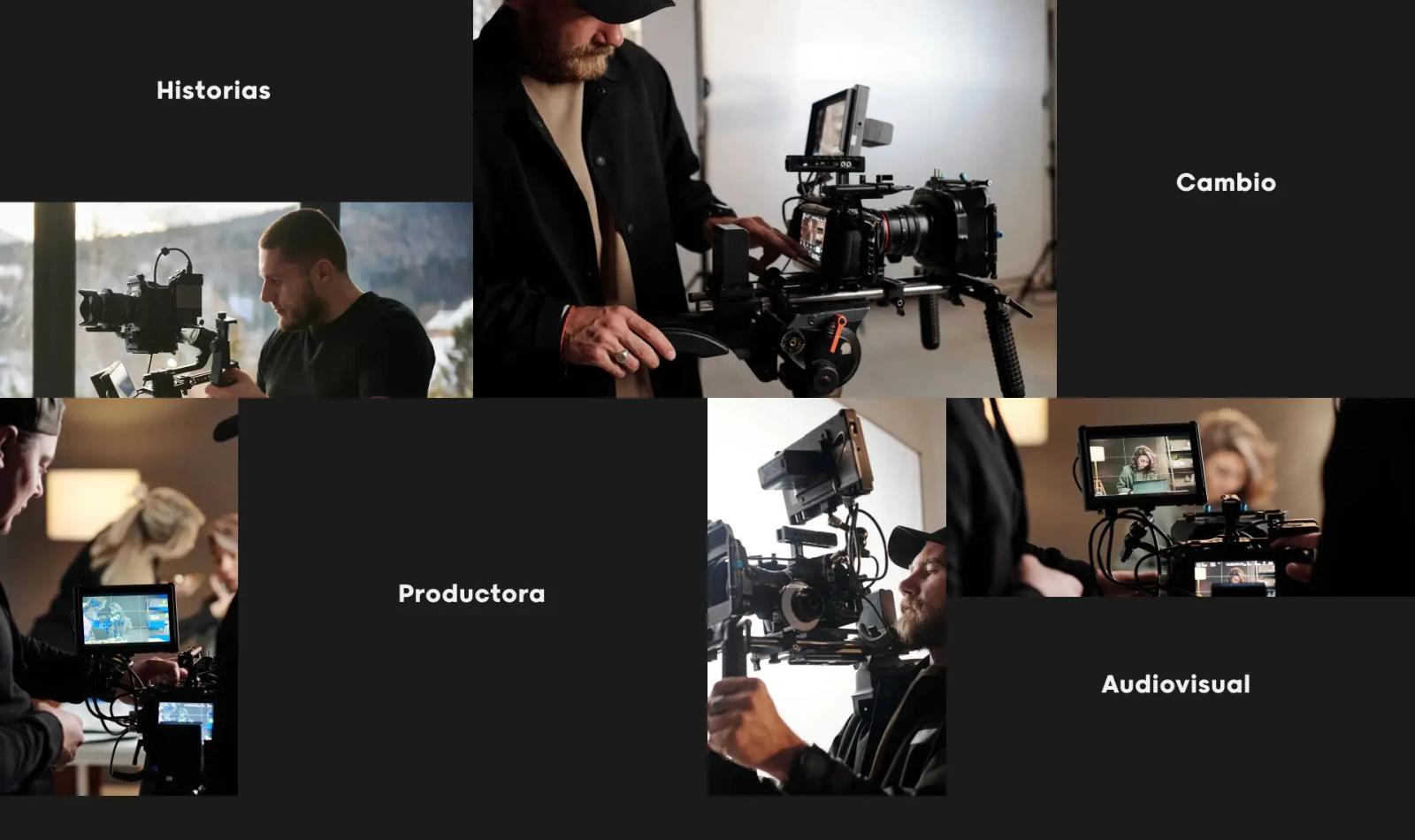 Collage de producción audiovisual con textos Historias Cambio Productora Audiovisual intercalados con fotos de camarógrafos operando equipos de filmación profesional