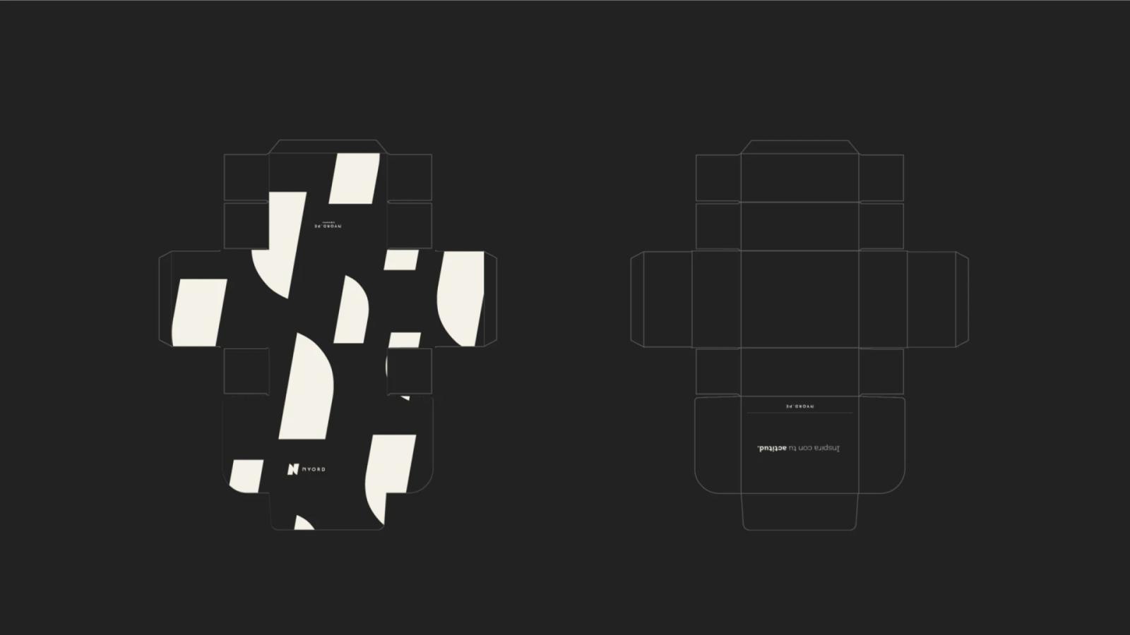 Plano desplegado de diseño de empaque para caja Nyord mostrando dos vistas una con patrón geométrico abstracto en blanco y negro y otra con líneas estructurales de troquel y el eslogan Inspira con tu actitud