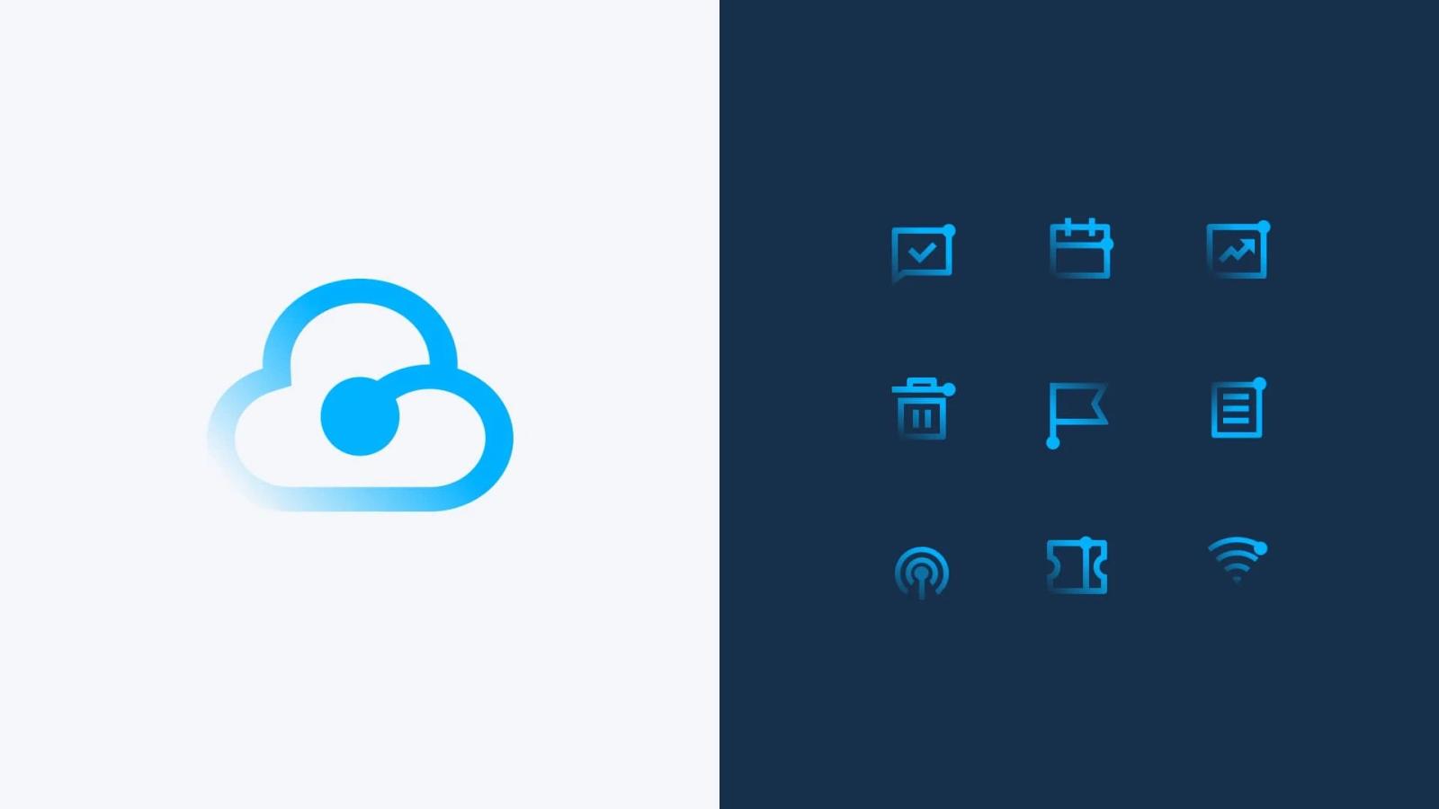 Imagen dividida en dos secciones: a la izquierda, sobre fondo blanco, un logotipo de nube estilizado con un degradado azul brillante y un punto de conexión central. A la derecha, sobre un fondo azul oscuro, un conjunto de nueve iconos de interfaz