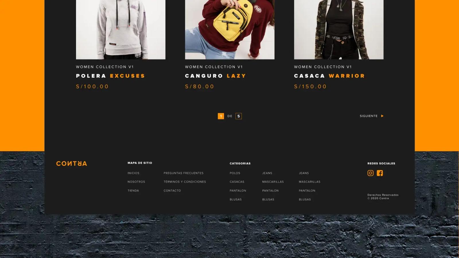 Sección web de moda con cuadrícula de prendas y fondo oscuro