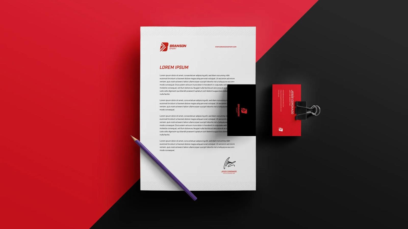 Papelería corporativa con identidad visual de Branson Sport