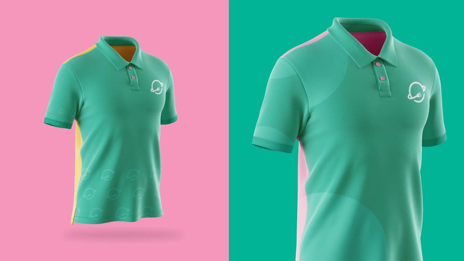 Playeras promocionales de la marca presentadas sobre fondo neutro