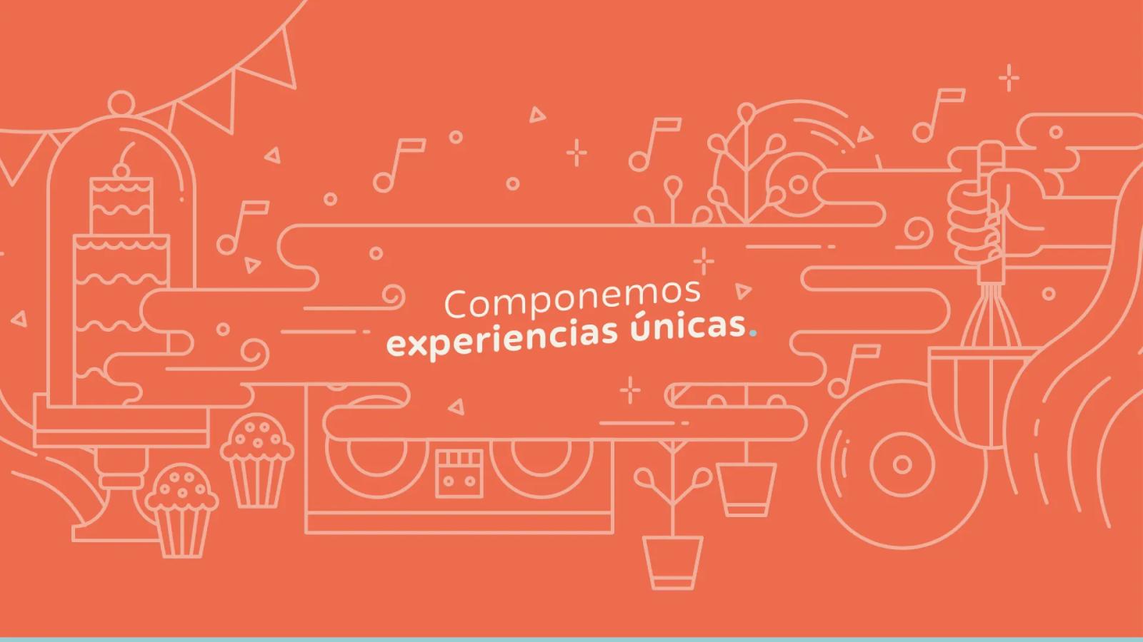 Ilustración minimalista sobre fondo naranja compuesta por trazos blancos que representan elementos de repostería y música, como un pastel, notas musicales, discos y manos batiendo, centrada en la frase 'Componemos experiencias únicas'