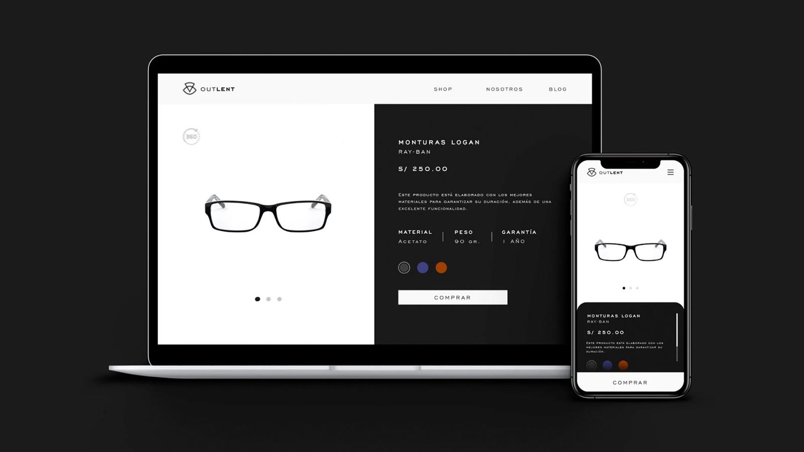 Sitio web de lentes mostrado en laptop y móvil con catálogo de productos