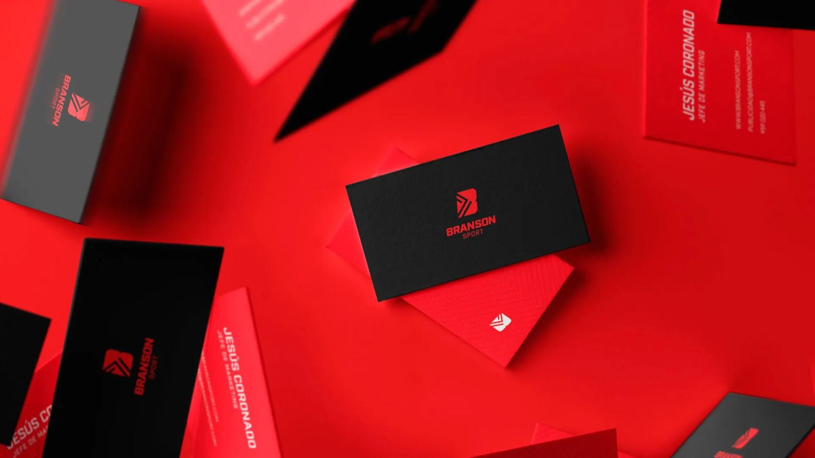 Composición de piezas gráficas y tarjetas con branding Branson Sport