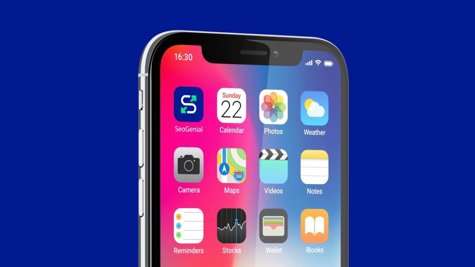 Primer plano de un teléfono inteligente sobre fondo azul, mostrando su pantalla de inicio con diversas aplicaciones, destacando en la esquina superior izquierda el ícono de la aplicación 'SeoGenial' con un logotipo de flechas entrelazadas