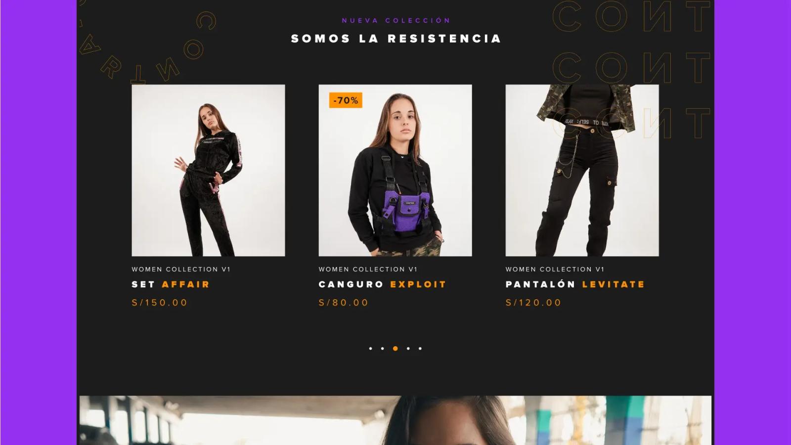 Catálogo digital de ropa con fondo morado y tarjetas de producto