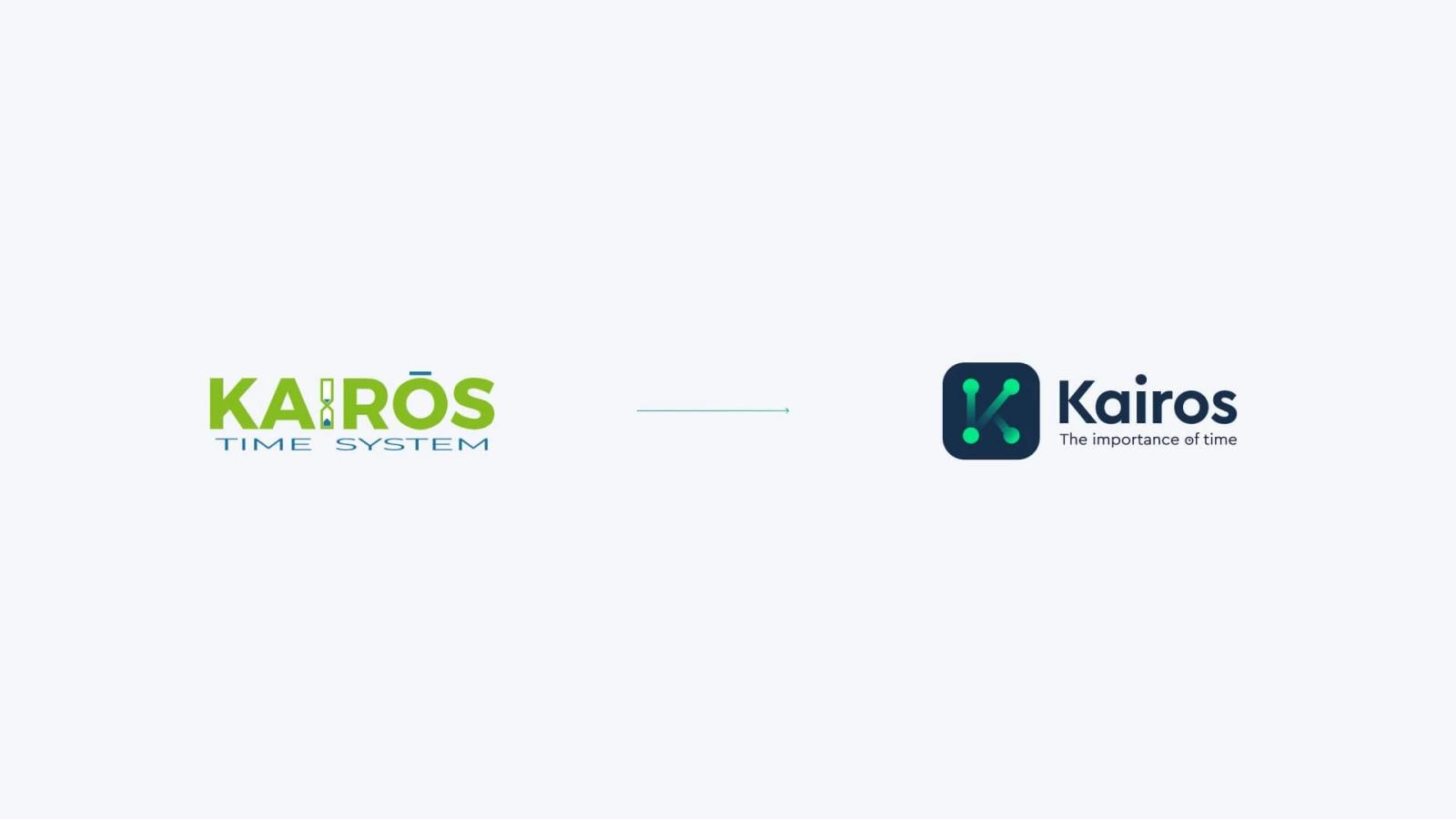 Comparativa de rebranding de Kairos mostrando el paso del logotipo antiguo verde con reloj de arena al nuevo diseño moderno con tipografía sans serif oscura e isotipo de nodos conectados sobre fondo blanco