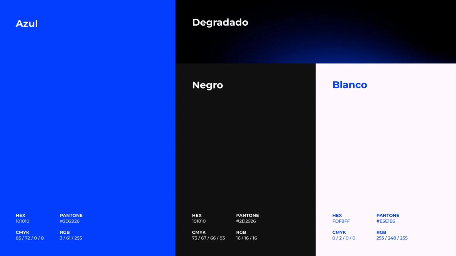Guía cromática de la marca con colores azul negro blanco y degradado