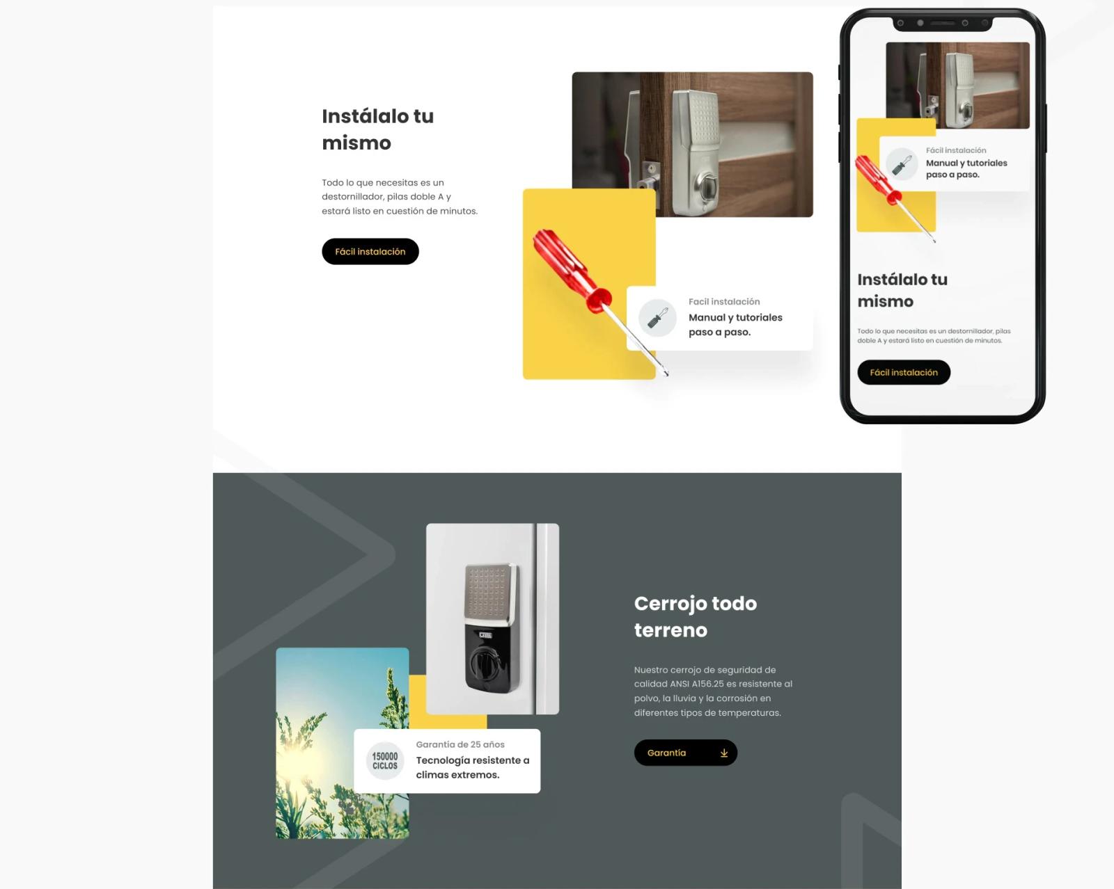 Diseño de interfaz web promocional dividido en dos secciones: la superior blanca titulada 'Instálalo tu mismo' muestra gráficos de herramientas y una vista móvil; la inferior gris oscura presenta el 'Cerrojo todo terreno' con imágenes de producto