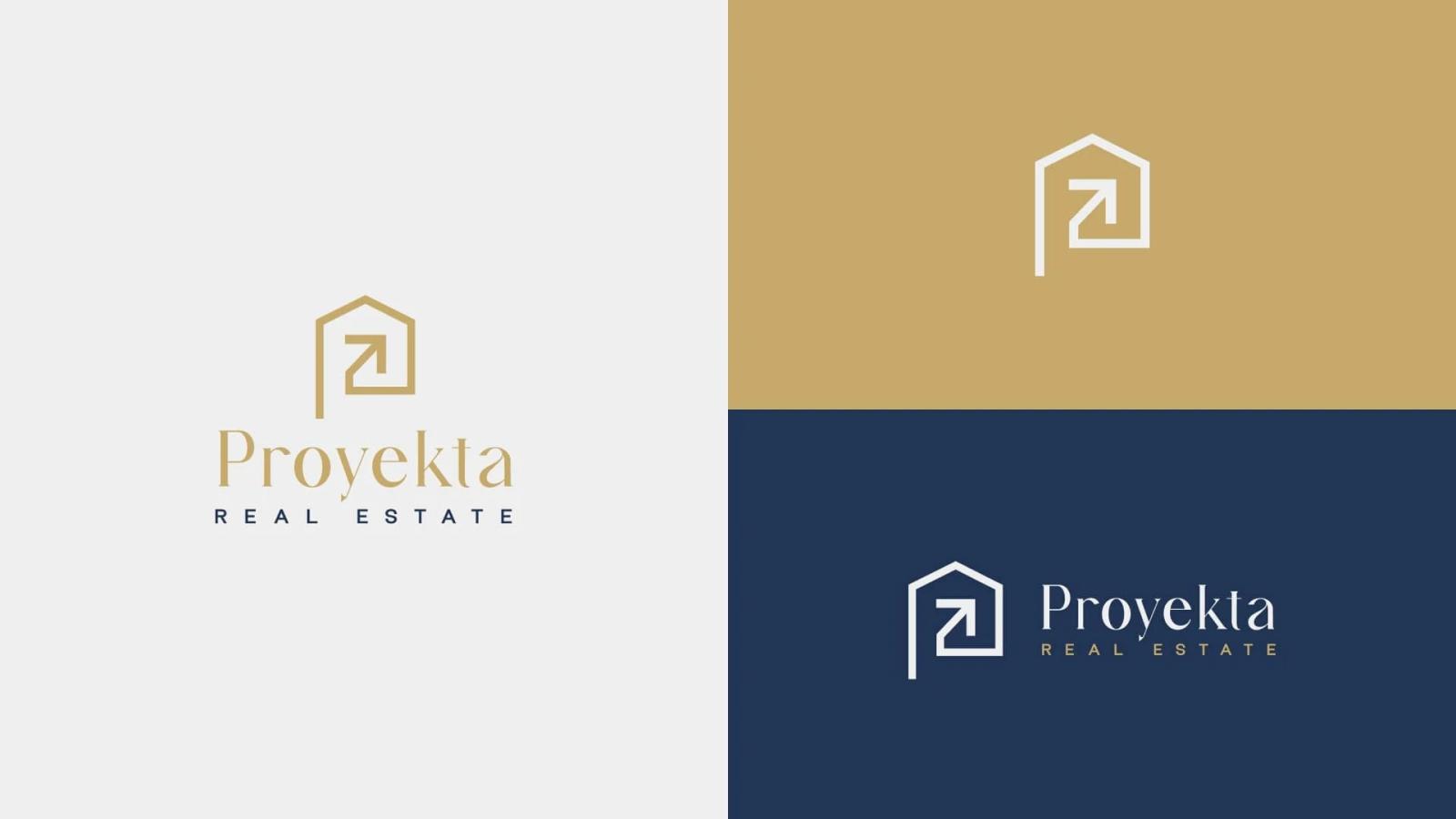 Variantes del logotipo de Proyekta Real Estate mostrando un isotipo de casa minimalista con una flecha ascendente en combinaciones de colores dorado blanco y azul oscuro para identidad de marca inmobiliaria