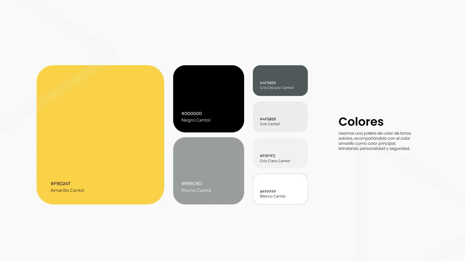 Muestra de la paleta de colores corporativa de la marca Cantol con un bloque destacado de color Amarillo Cantol acompañado de tonos secundarios sobrios en Negro Plomo y Grises con sus códigos hexadecimales y descripción de uso