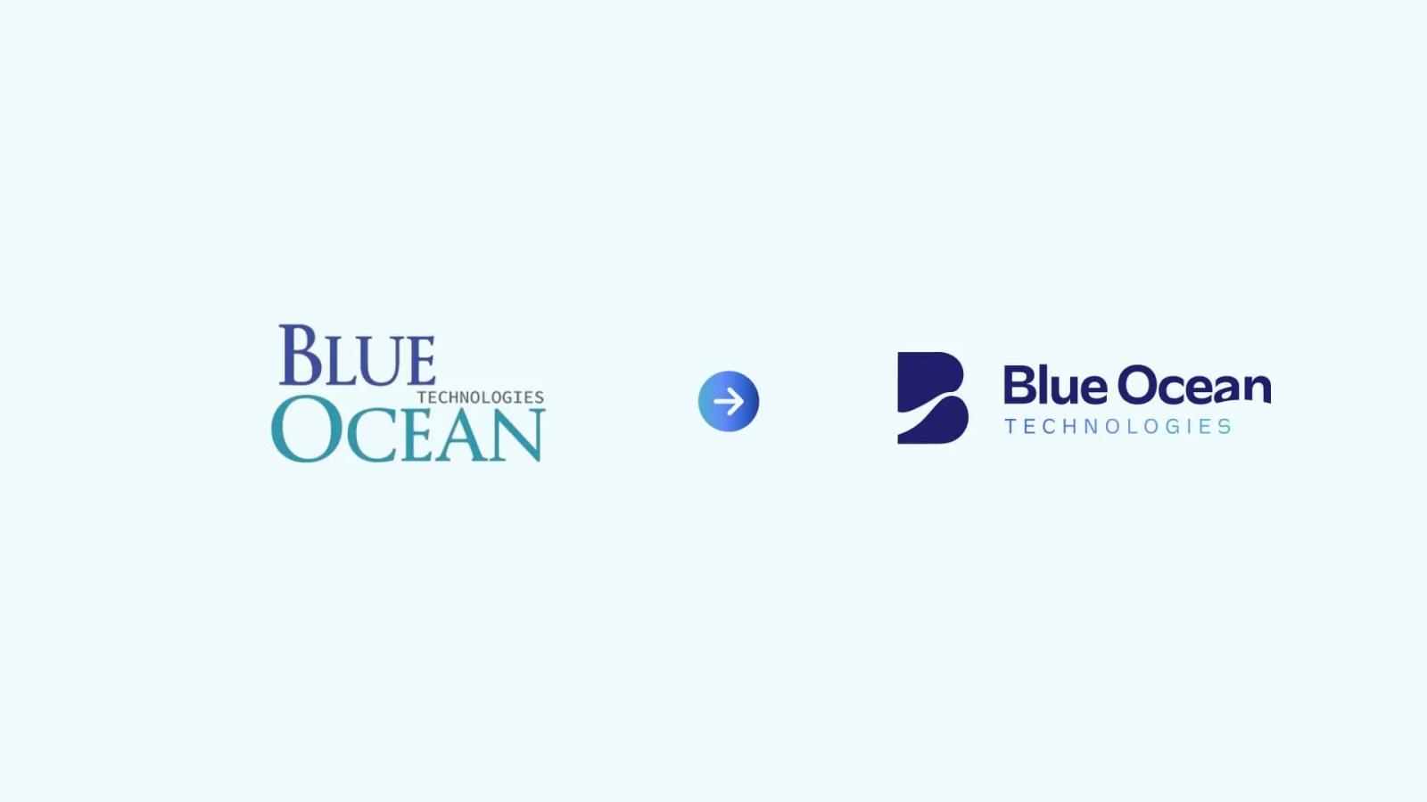 Comparativa de rebranding de Blue Ocean Technologies mostrando la evolución del logotipo antiguo tipográfico hacia la nueva identidad visual con isotipo B estilizado y tipografía sans serif moderna