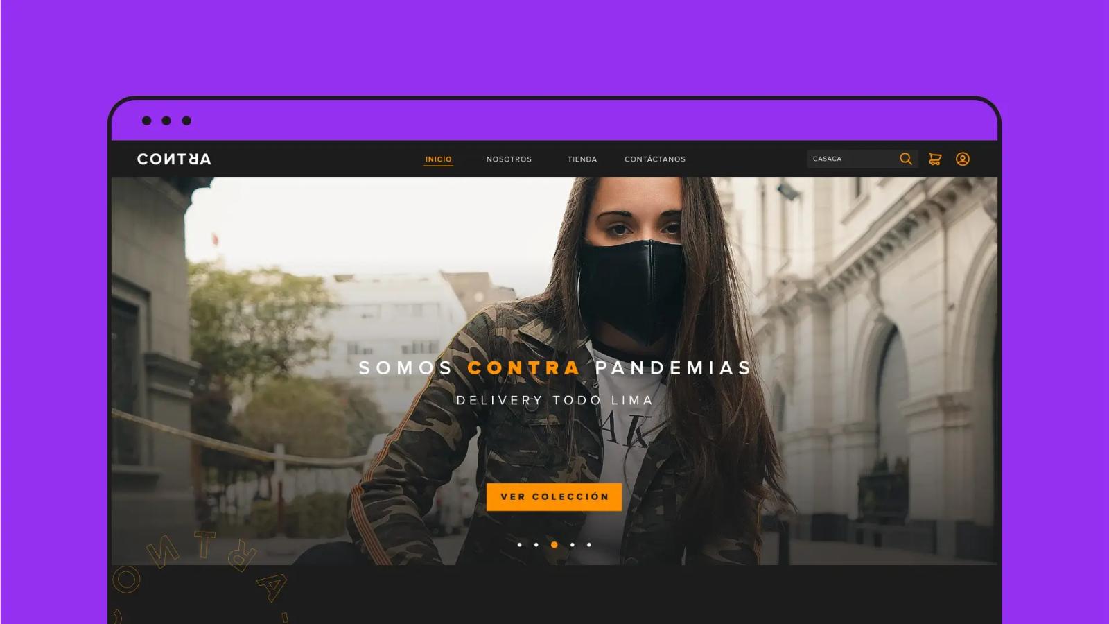 Diseño web mostrado en pantalla con fondo morado y fotografía central