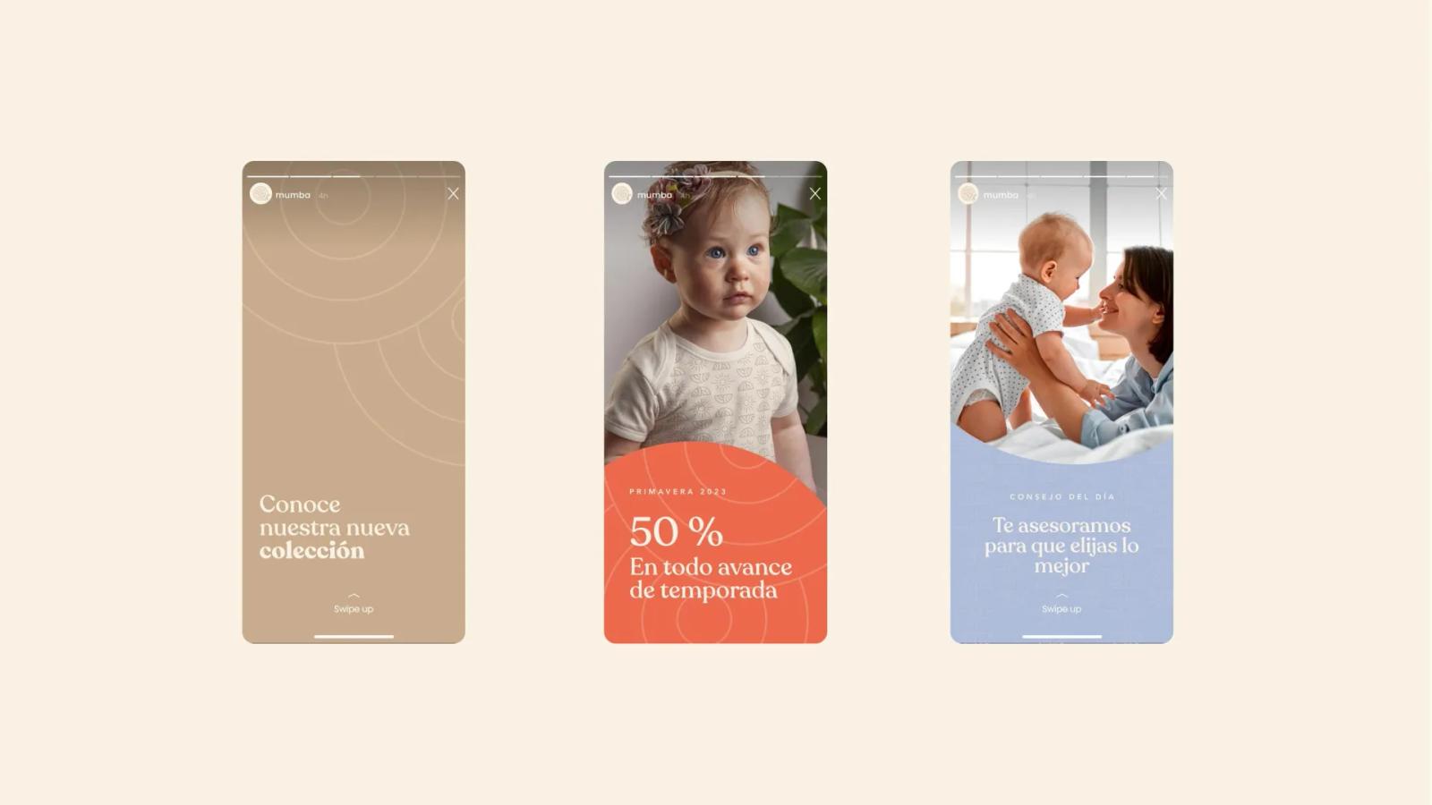 Historias para redes sociales con fotografías y bloques de color corporativo