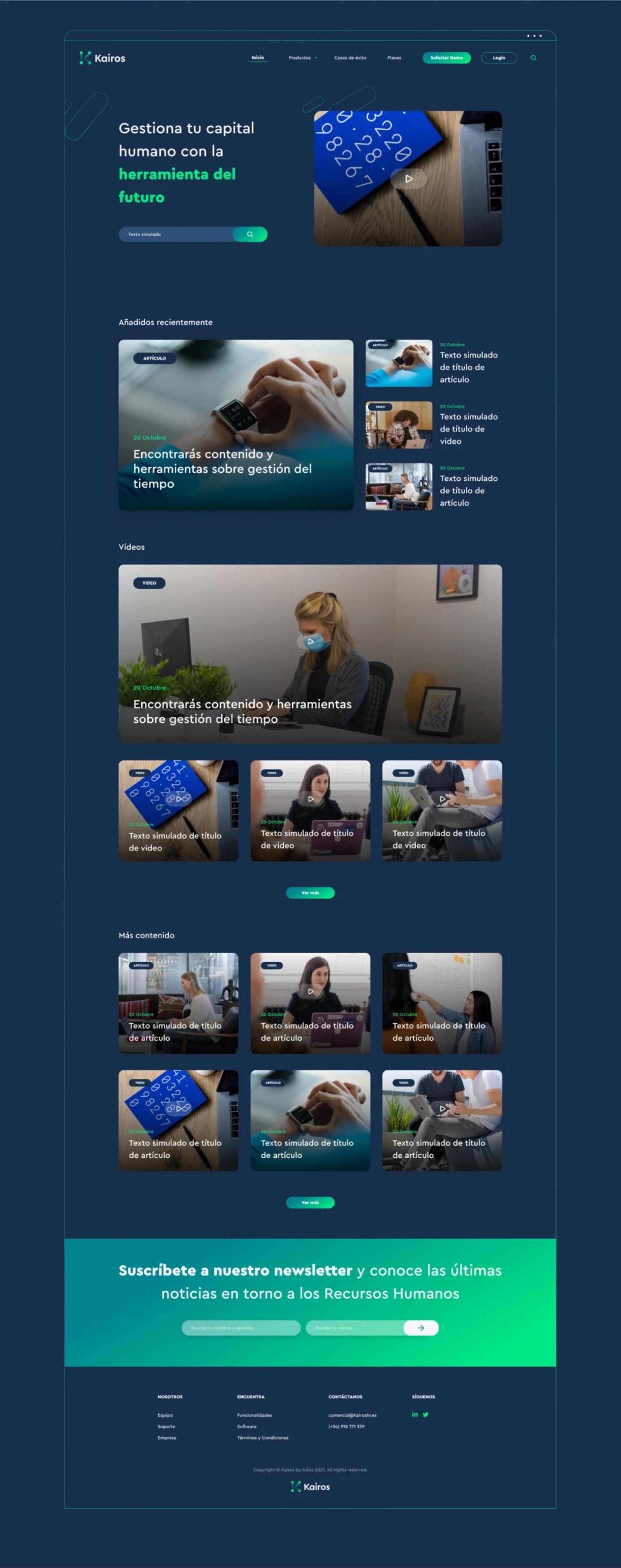 Diseño de página web de Kairos con interfaz oscura y verde desplegando secciones de recursos humanos blog de videos y artículos sobre gestión del tiempo y suscripción a newsletter
