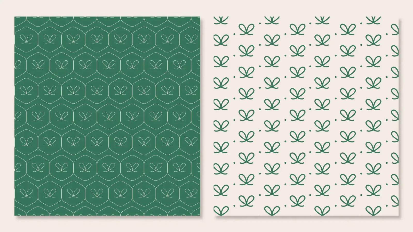 Muestra de patrones corporativos de Cosita Linda mostrando una trama de hexágonos con lazos sobre fondo verde a la izquierda y un diseño repetitivo de lazos sobre fondo crema a la derecha