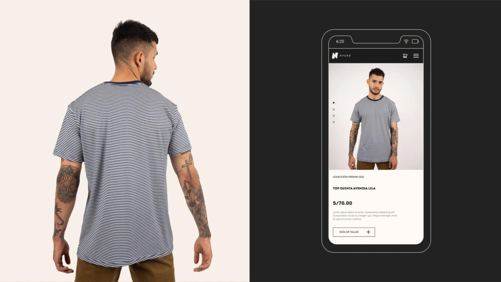 interfaz móvil de tienda NYORD exhibiendo camiseta de rayas con precio junto a fotografía de modelo masculino usando la prenda de espaldas sobre fondo beige para catálogo de moda