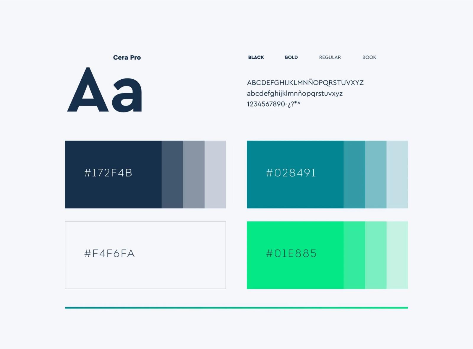 Muestra de tipografía Cera Pro y paleta de colores corporativa con bloques en azul marino turquesa y verde brillante incluyendo códigos hexadecimales y variaciones de tono