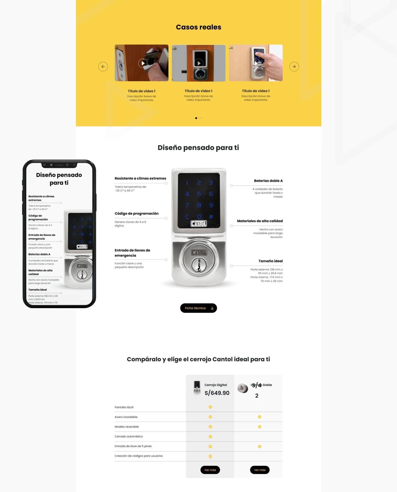 Diseño web responsive de Cantol presentando las secciones de fácil instalación y resistencia todo terreno del cerrojo digital en interfaces móvil y de escritorio con paleta amarilla y gris
