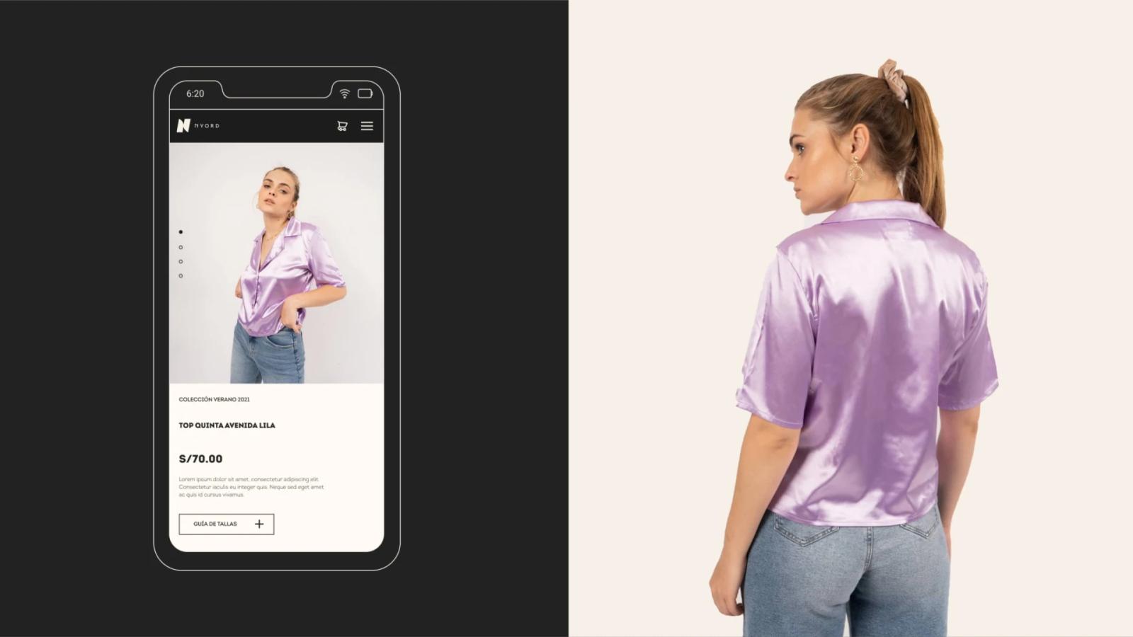 Interfaz móvil de la marca Nyord mostrando el producto Top Quinta Avenida Lila junto a una modelo vistiendo la blusa de satén morada de espaldas sobre fondo crema