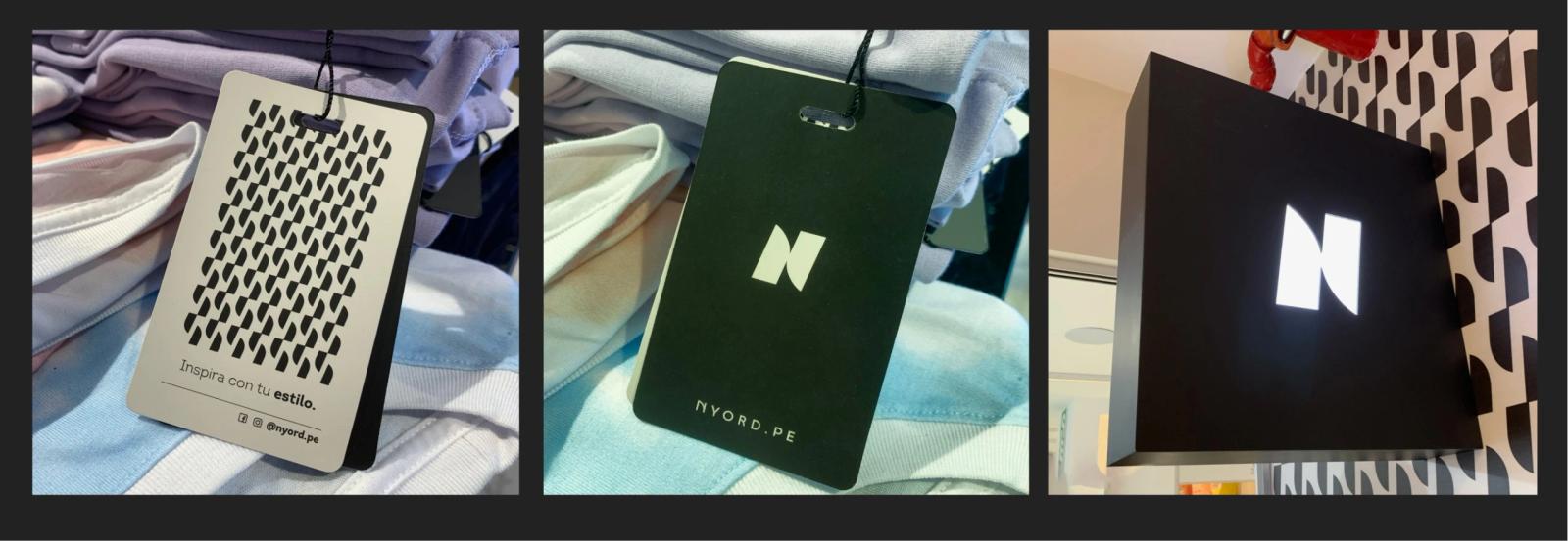 Tríptico de detalles de marca NYORD mostrando etiqueta blanca con patrón geométrico etiqueta negra minimalista sobre prendas y letrero luminoso cuadrado con el logotipo N instalado en pared de tienda