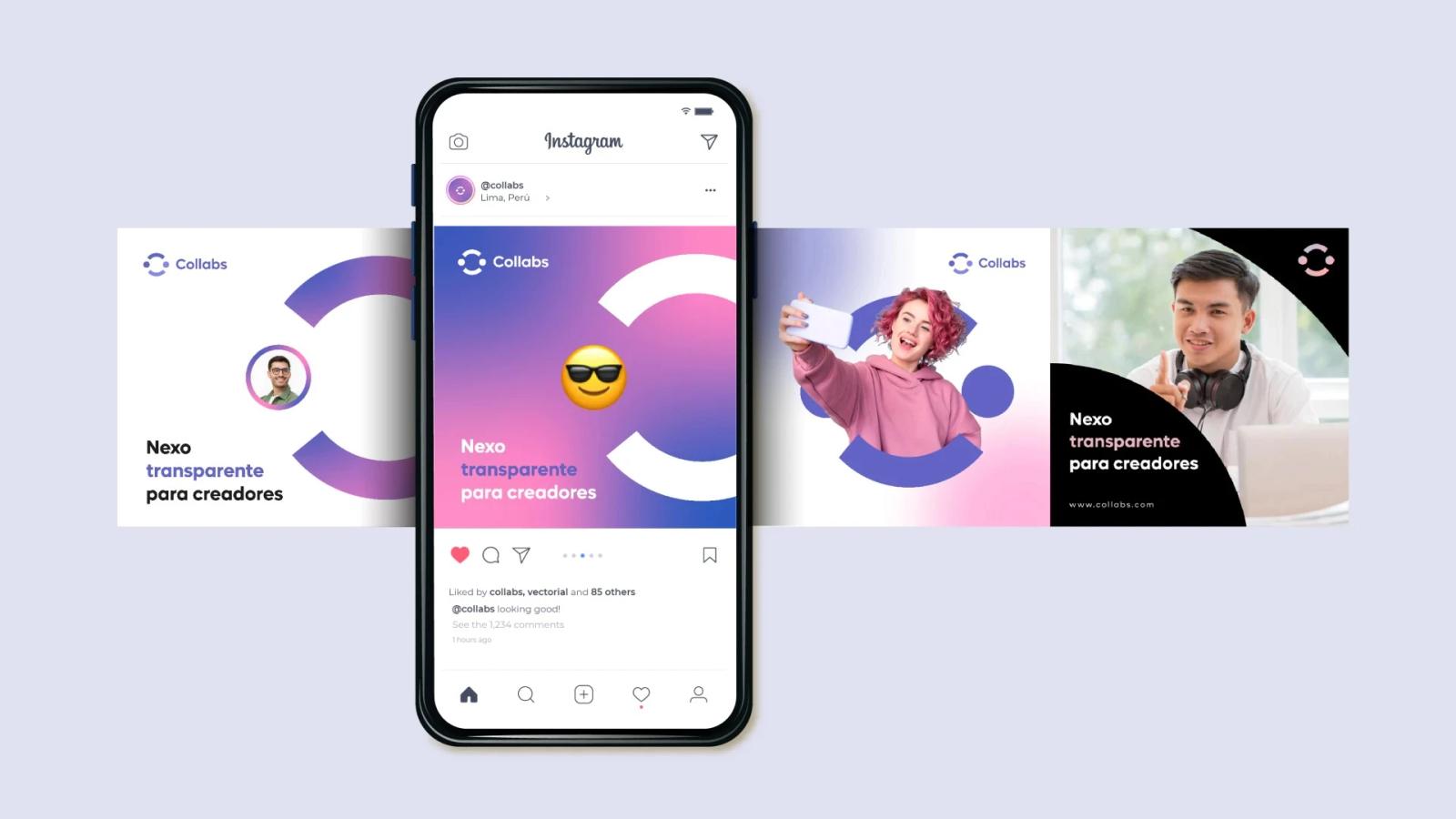 Mockup de publicaciones para redes sociales en celular mostrando un carrusel de Instagram de la marca Collabs con diseños degradados y fotos de personas