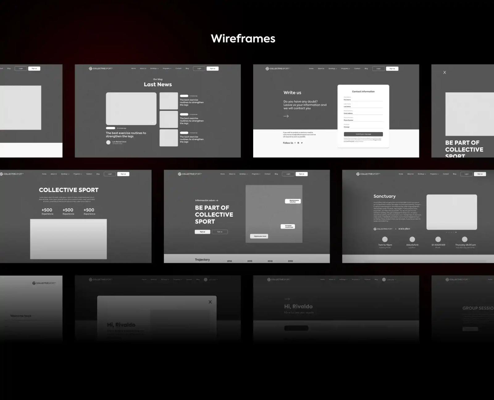 Conjunto de wireframes en baja fidelidad que muestran la estructura de diferentes secciones de una página web