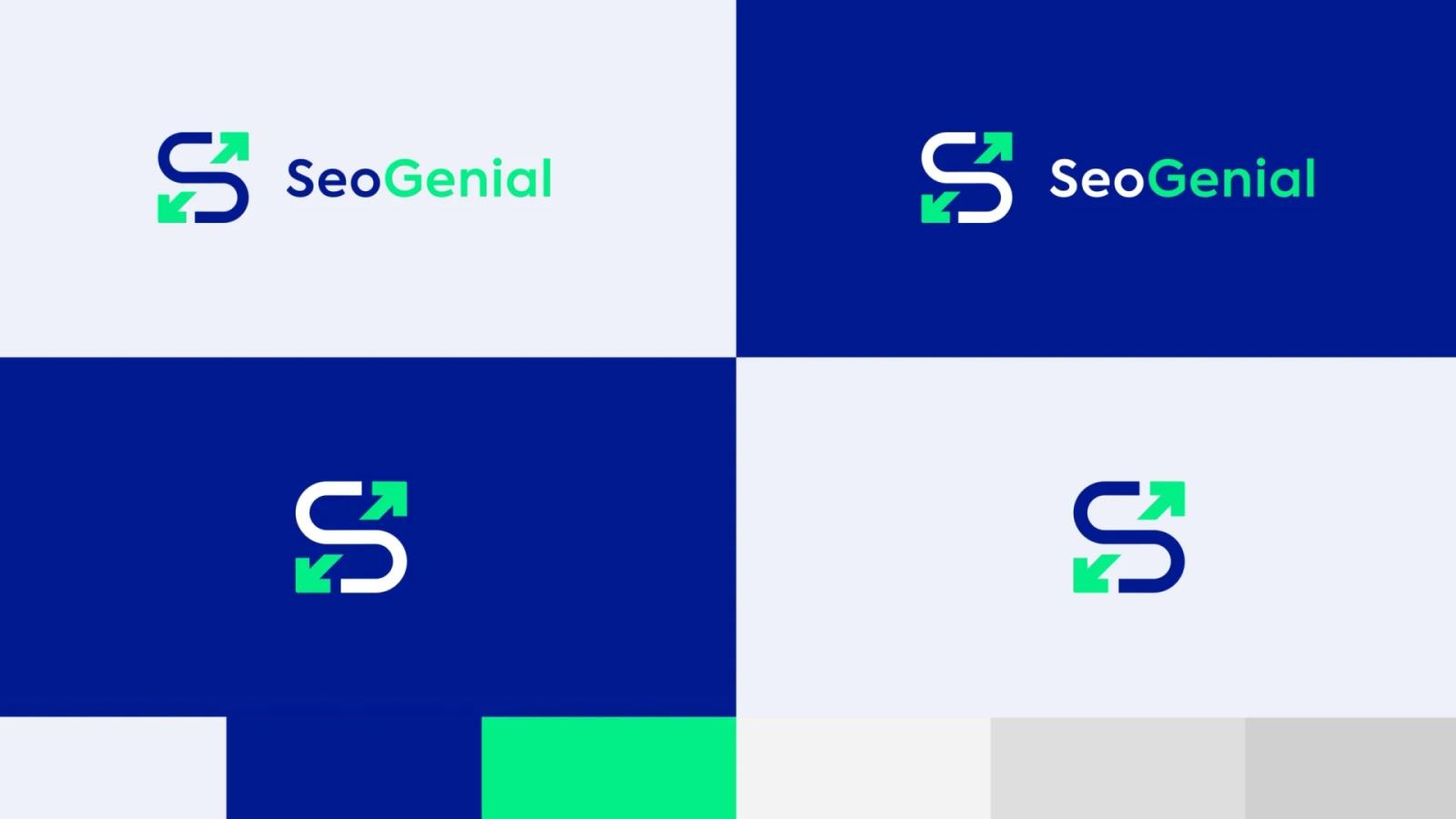 Logotipo de Seo Genial aplicado sobre diferentes fondos y colores representando identidad corporativa