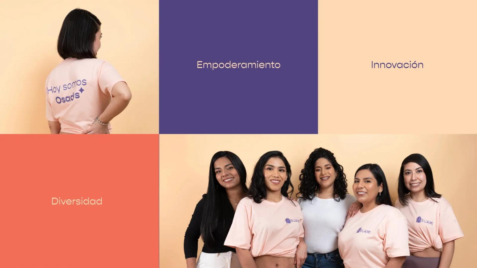 Equipo de mujeres usando prendas de la marca en composición de colores corporativos
