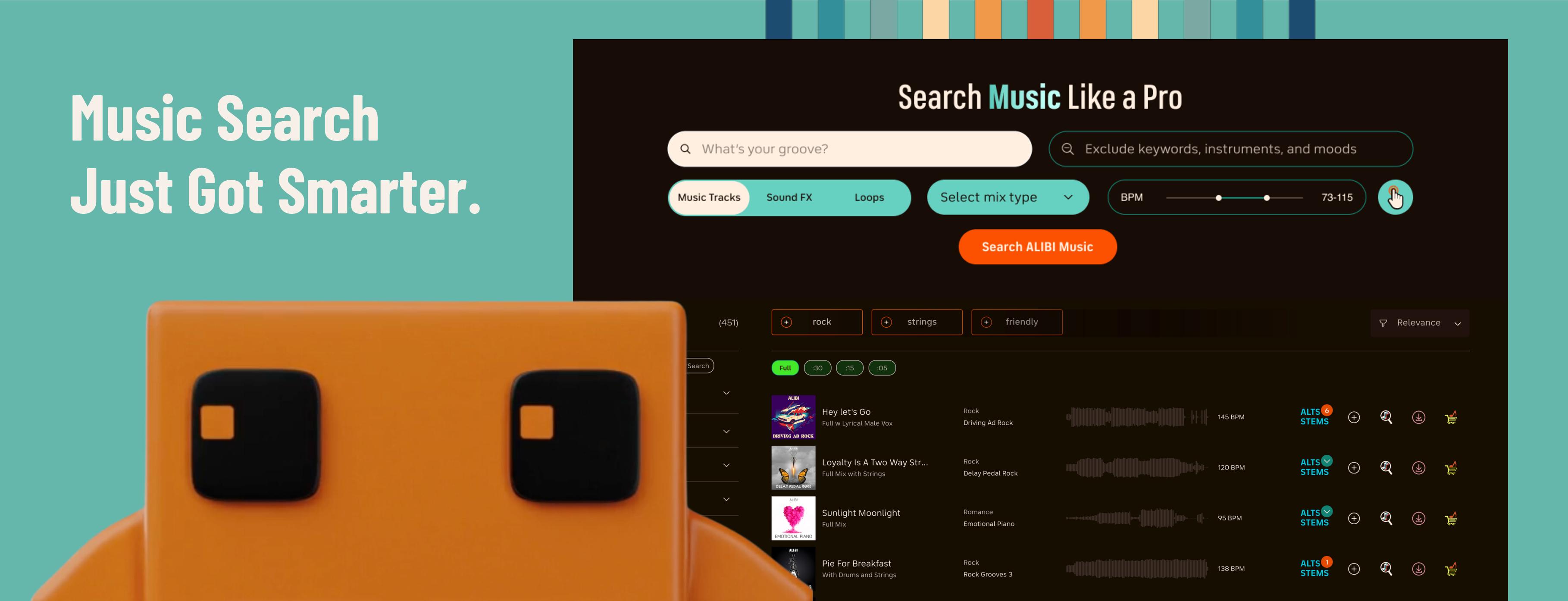 Alibi Music’s powerful search engine showcasing advanced filters and results, designed for faster and smarter music discovery.