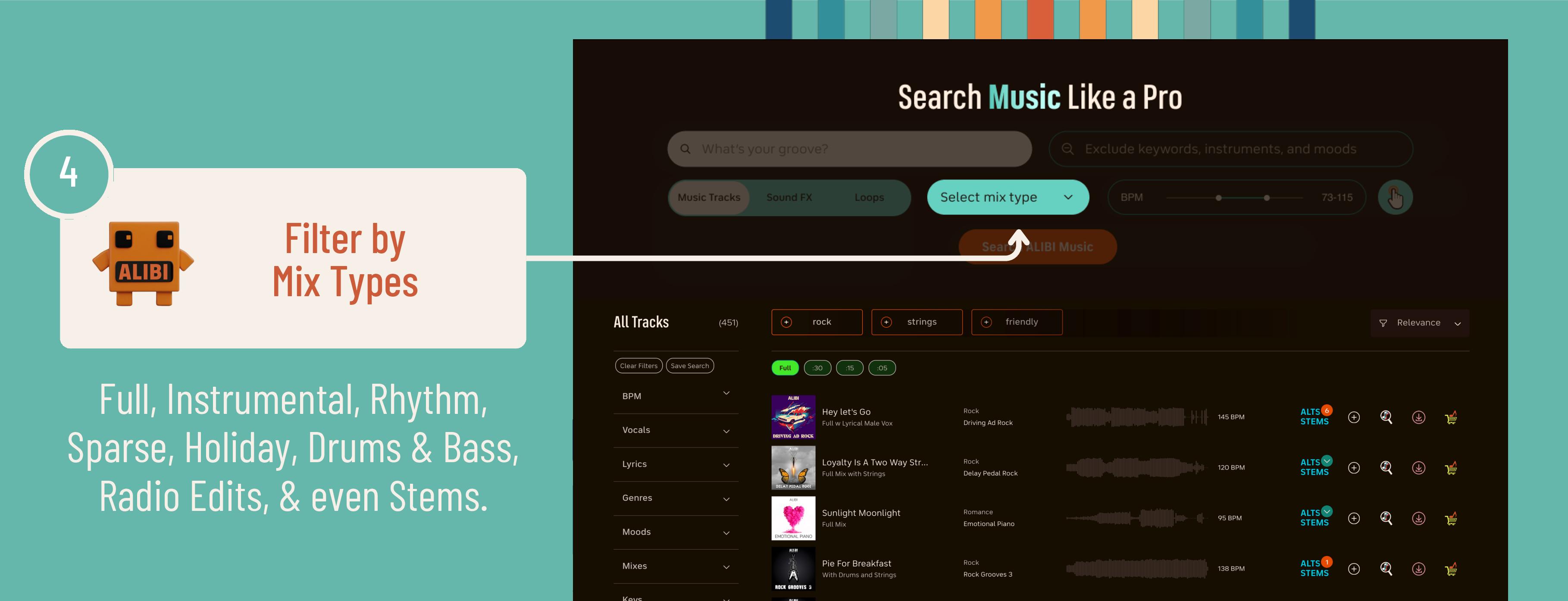 Filter royalty free music search results by mix types including vocal mixes, instrumental mixes, Christmas mixes, and more.