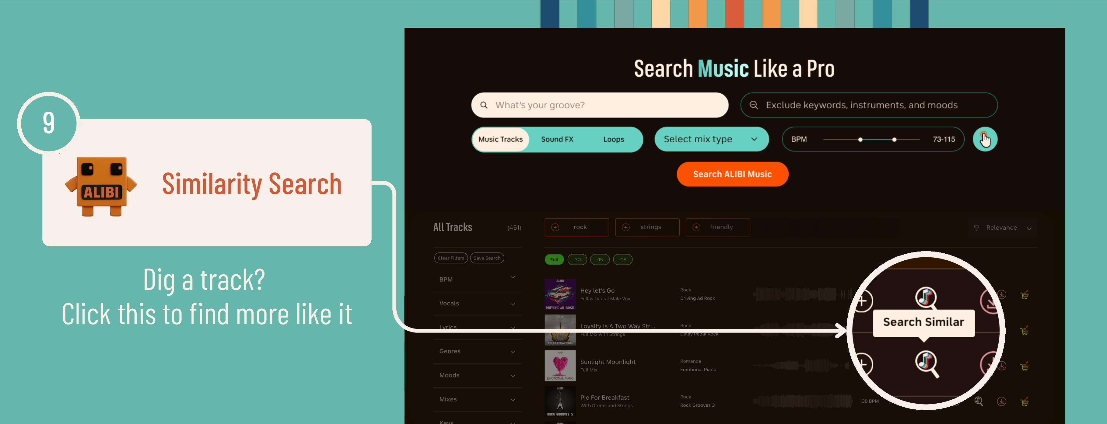 Royalty free music similarity search by pasting a youtube link into the search bar. 