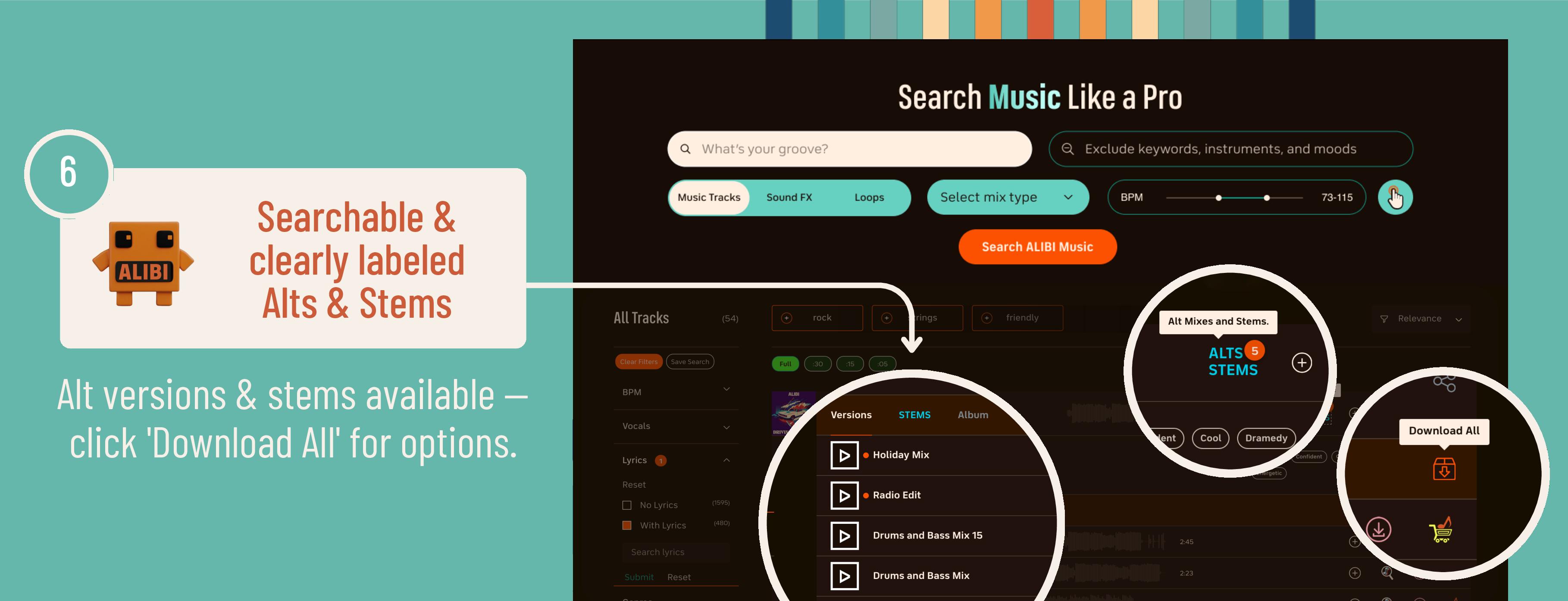 Searchable & clearly labeled royalty free music alternate versions & Stems downloading