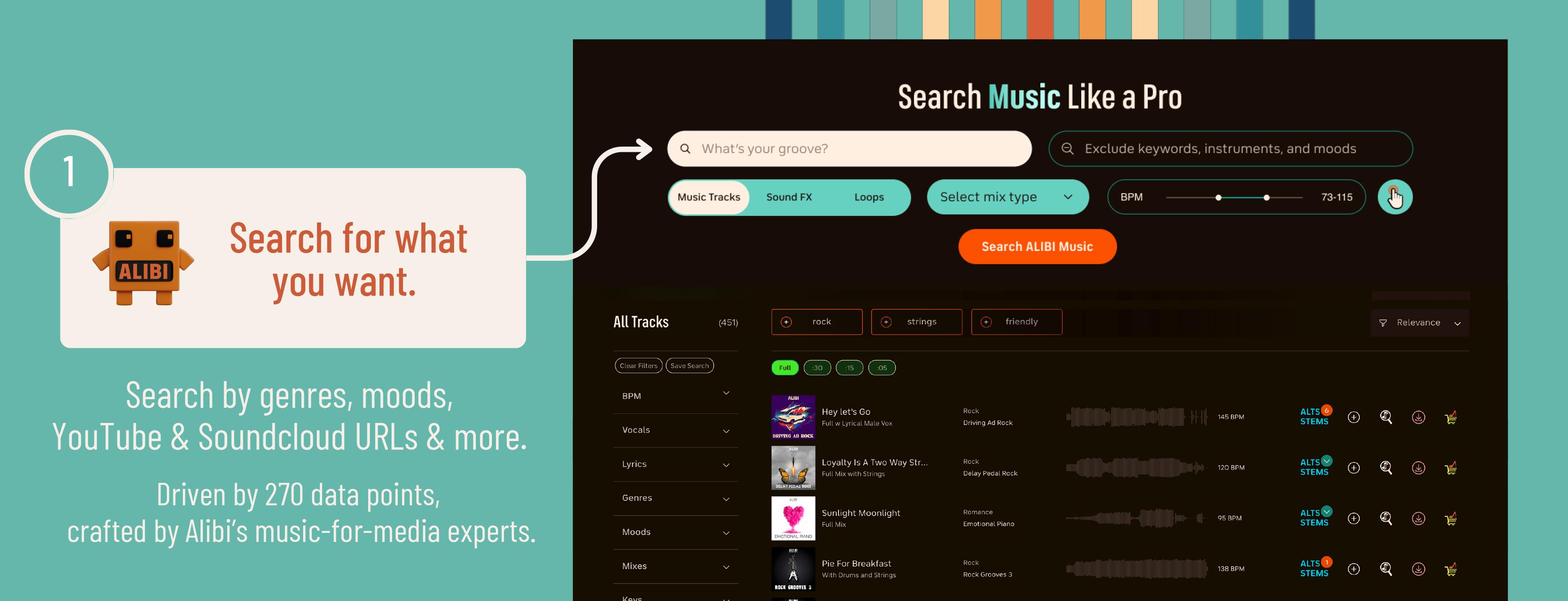 Search royalty free music by mood, instrument, genre, similar artists