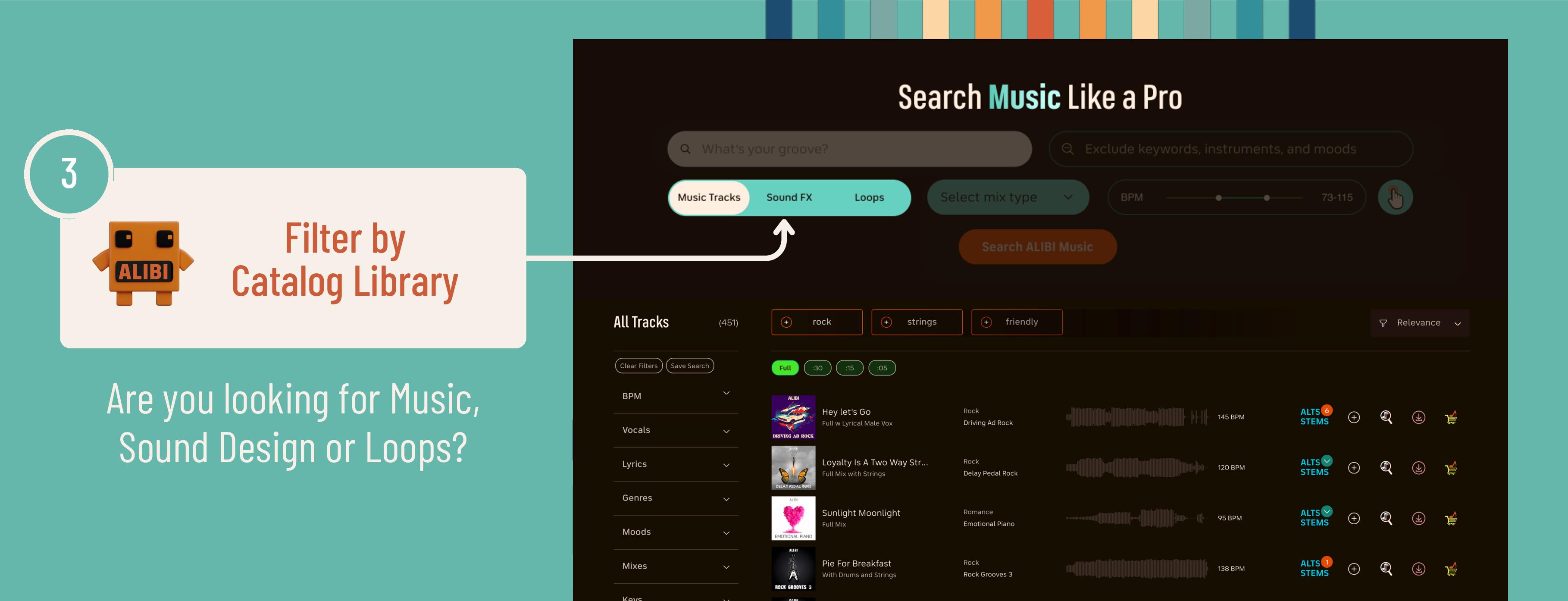 Filter royalty free music, sound design, and loops catalogs