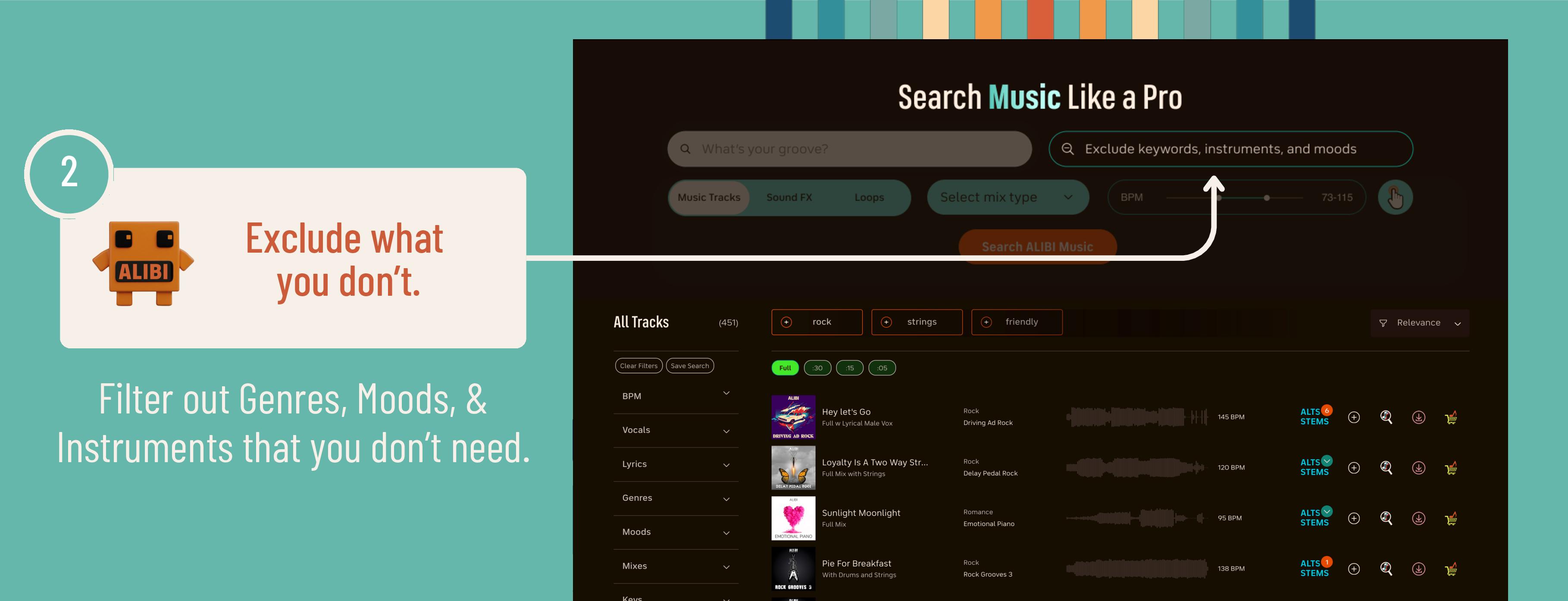 Exclude music from royalty free music search results that doesn't work for your projects with negative search