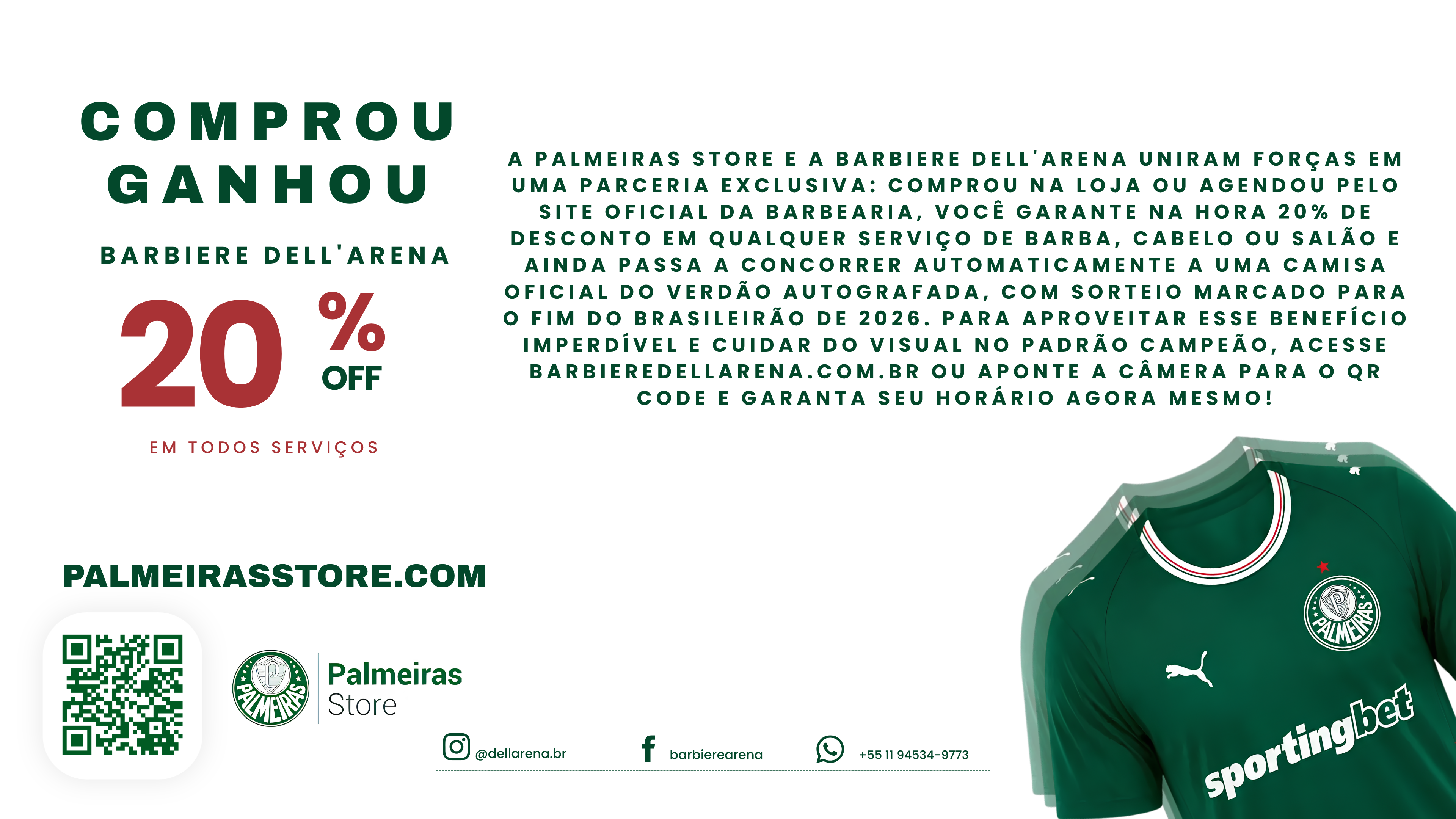 Parceria Exclusiva Palmeiras Store e Barbiere Dell'Arena - 20% de Desconto em Barba, Cabelo e Salão e Sorteio de Camisa Autografada