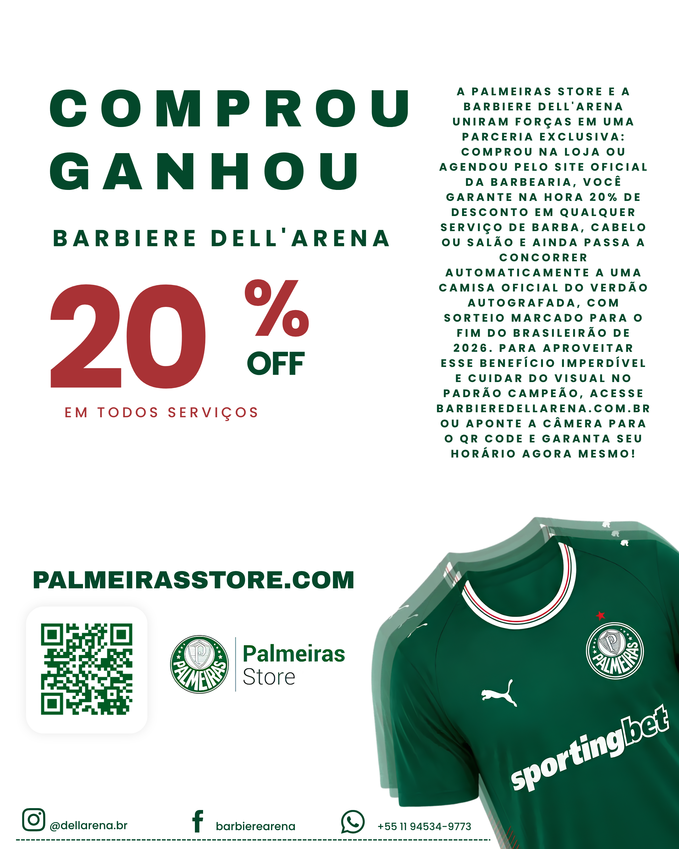 Parceria Exclusiva Palmeiras Store e Barbiere Dell'Arena - 20% de Desconto em Barba, Cabelo e Salão e Sorteio de Camisa Autografada
