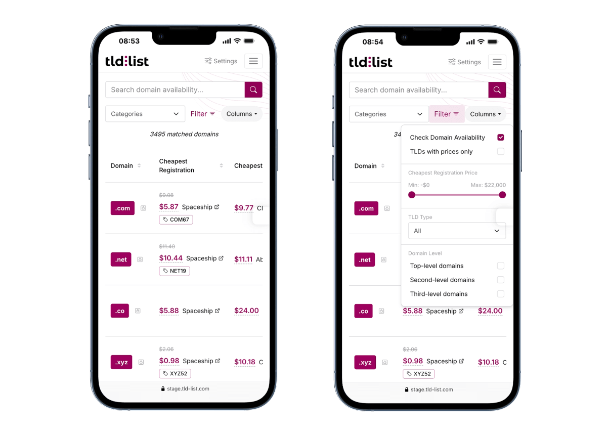 TLD List of active extensions with price comparison and availability check