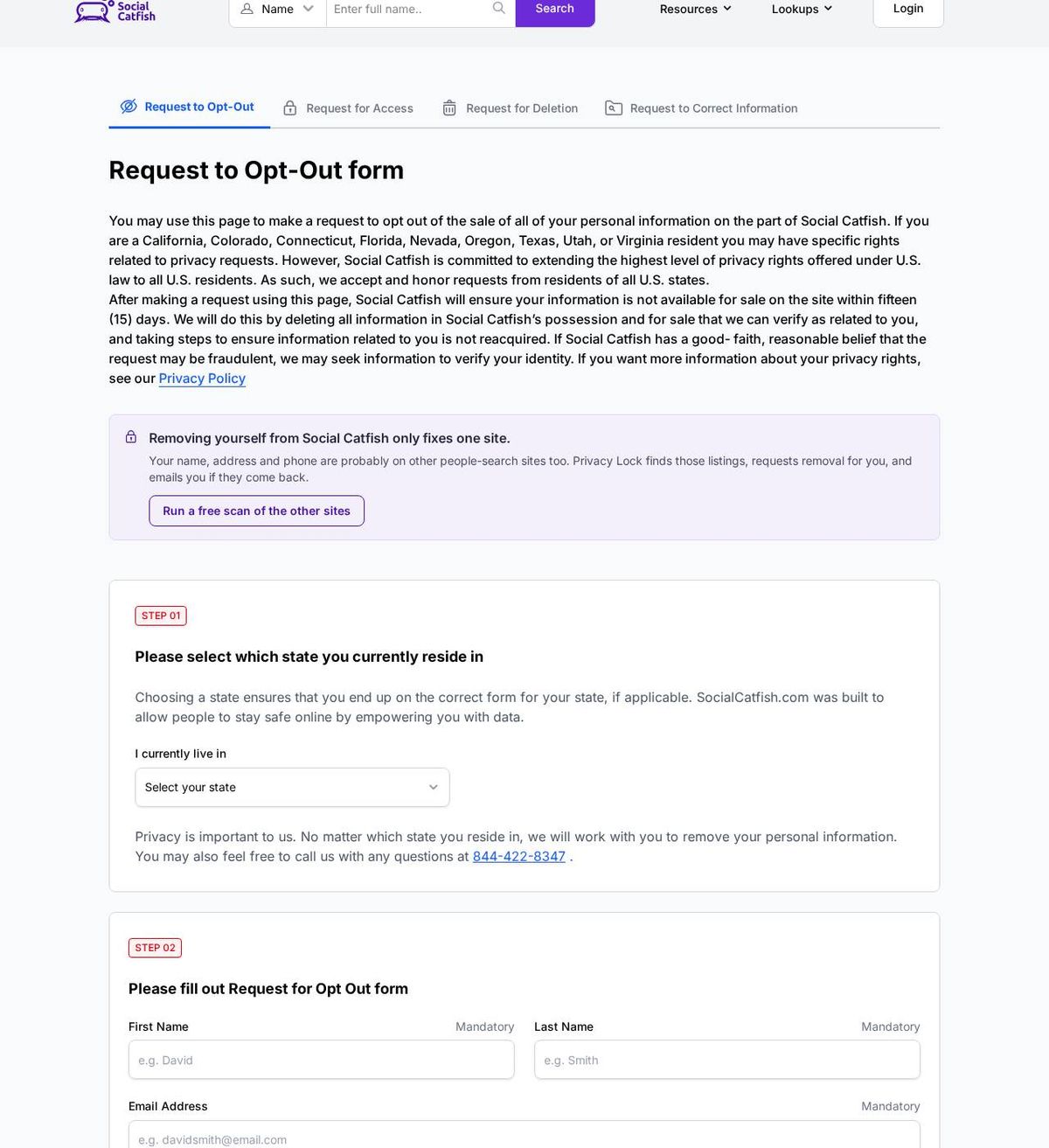 Social Catfish's opt-out page, captured 23 Oct 2026