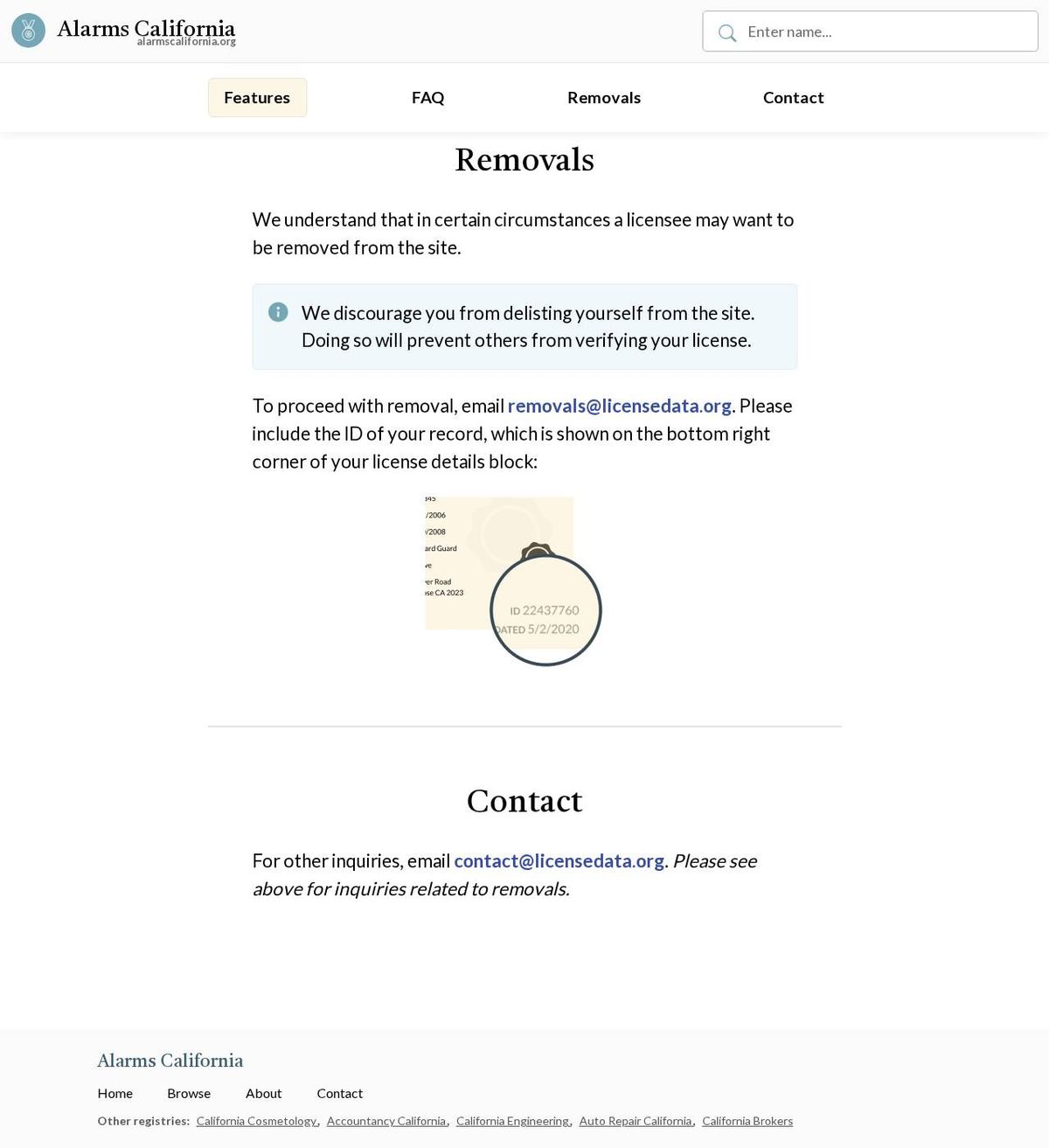 AlarmsCalifornia's opt-out page, captured 23 Oct 2026